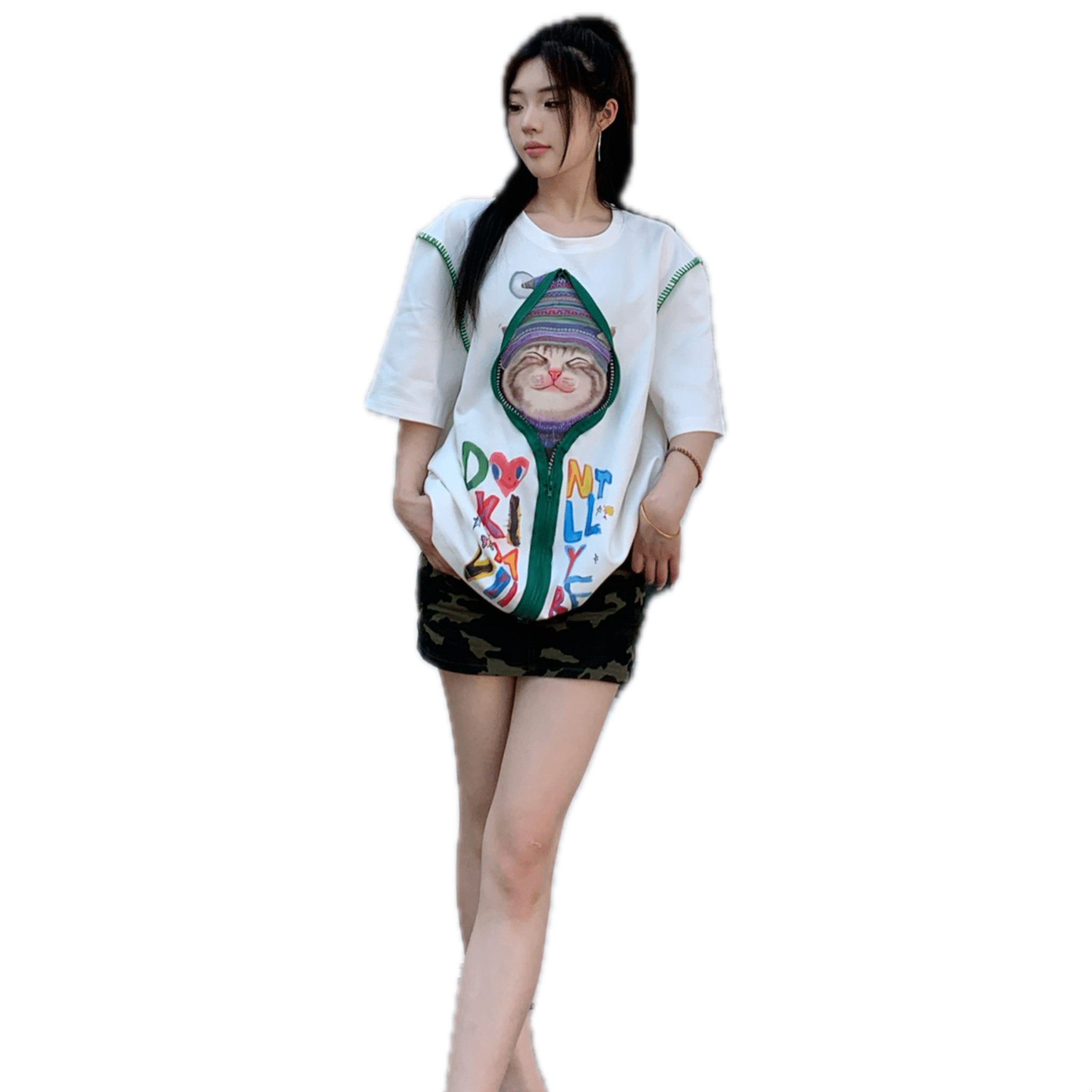 NOT FOR US Gear Edge Zipper Kitten Print Short Sleeves in White | MADAX