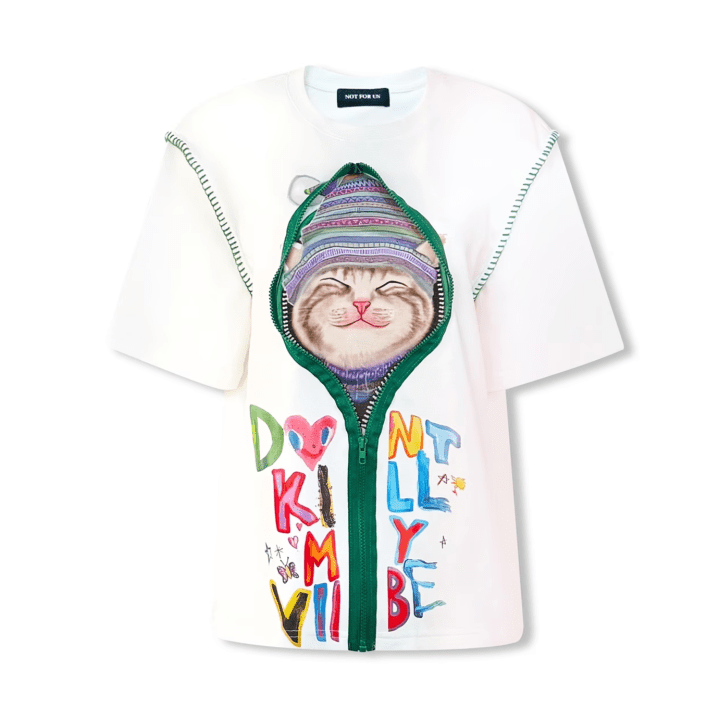 NOT FOR US Gear Edge Zipper Kitten Print Short Sleeves in White | MADAX