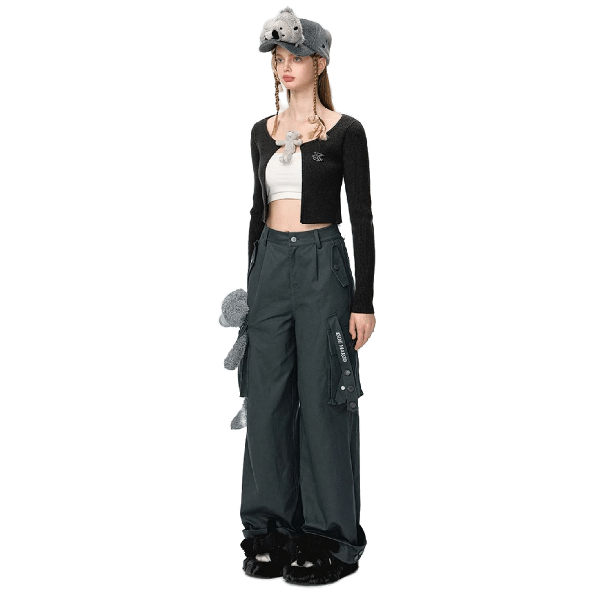 13DE MARZO Giant Doll Overalls Wide Leg Pants in Dark Gray | MADAX