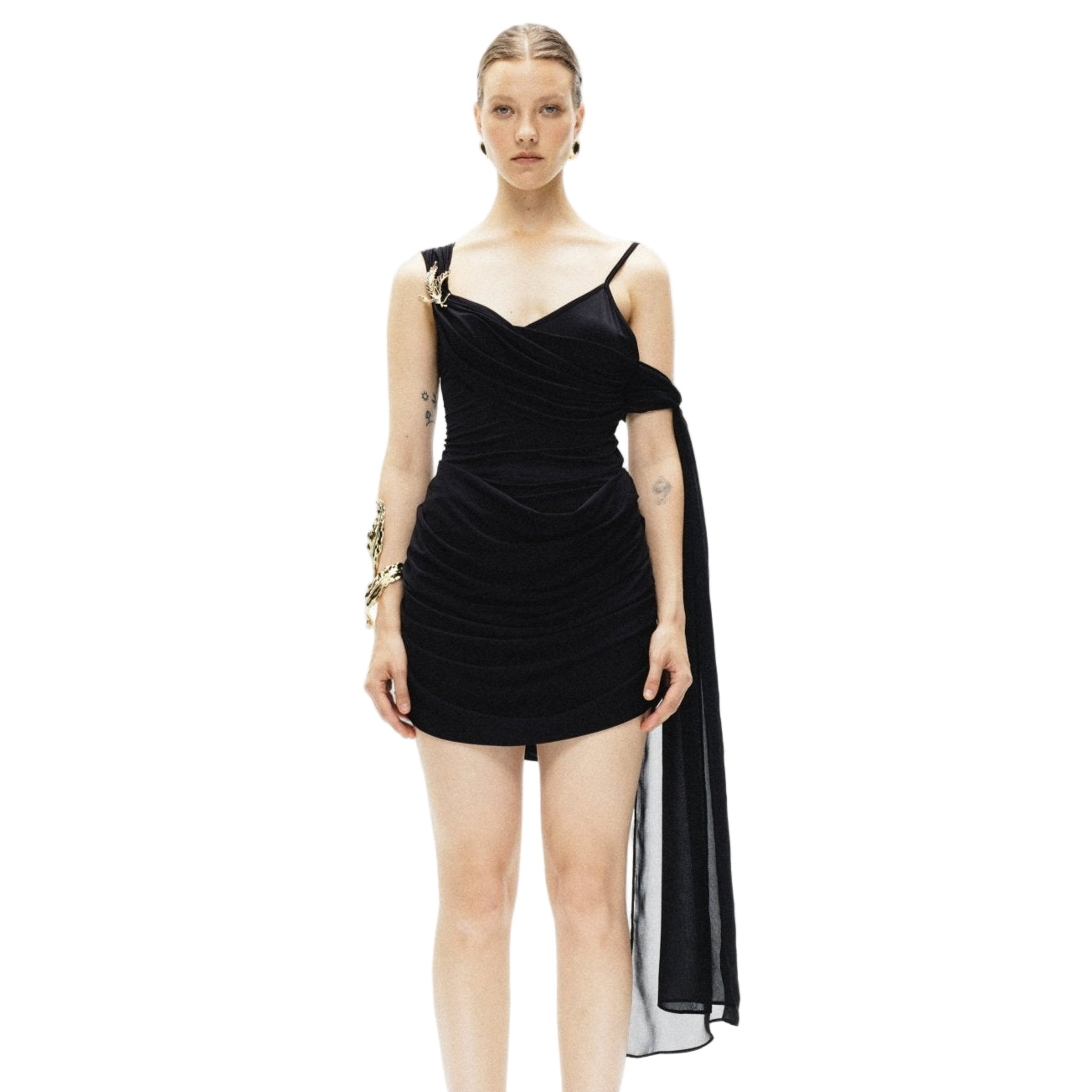 ARTE PURA Gilded Leaf Pleated High - Stretch Dress In Black | MADAX