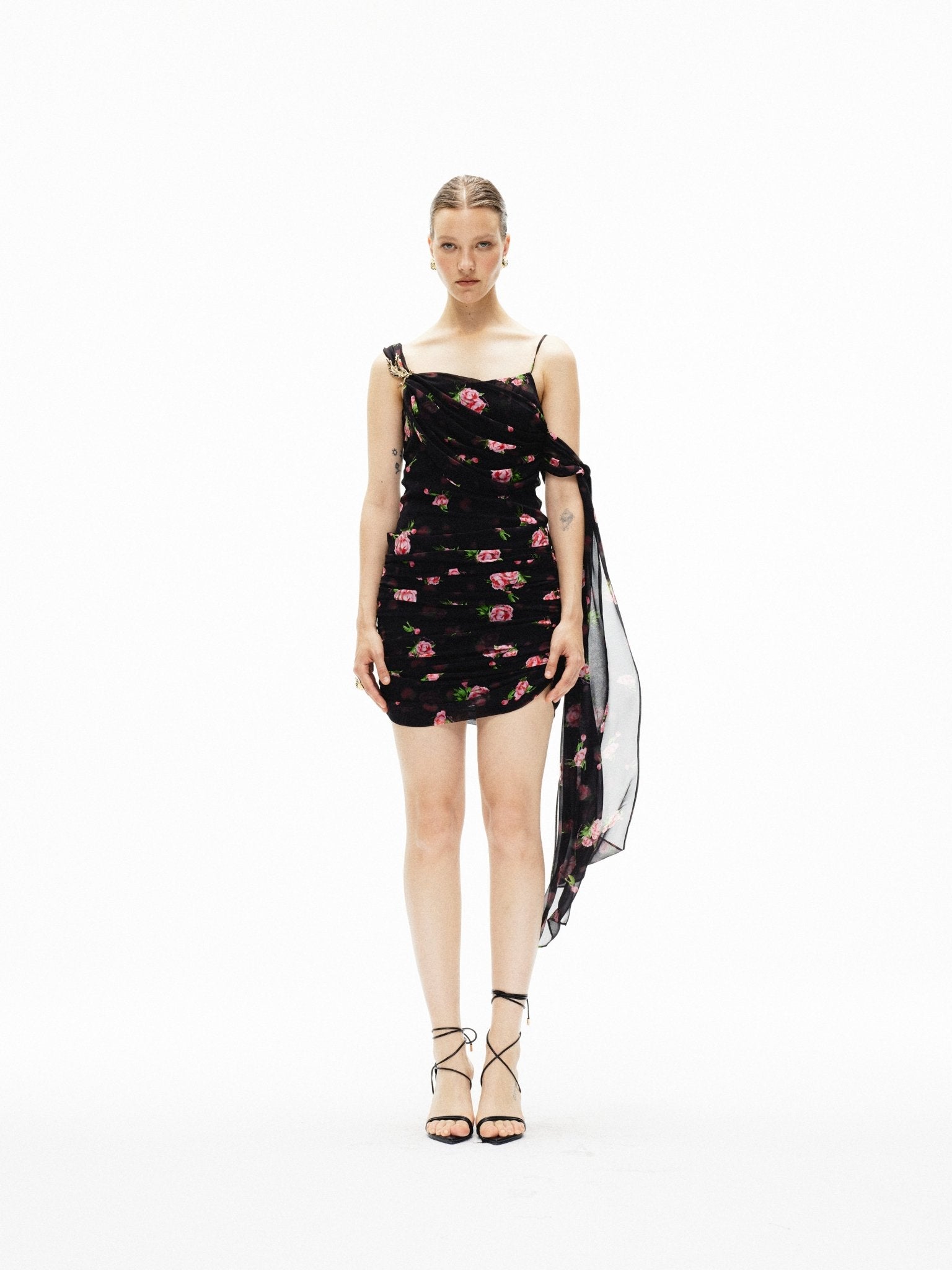 ARTE PURA Gilded Leaf Pleated Print Dress In Black | MADAX