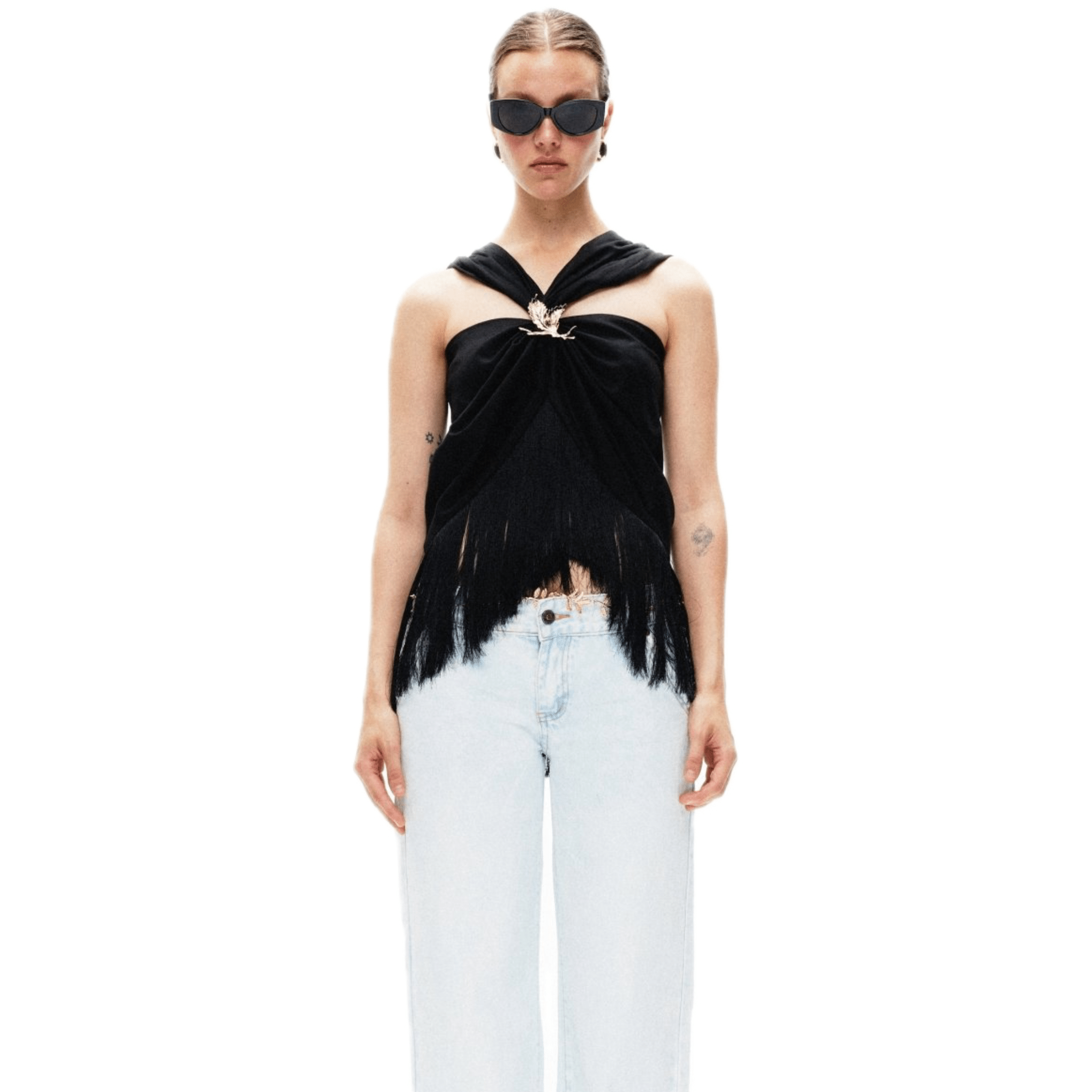 ARTE PURA Gilded Leaf Tassel Top In Black | MADAX