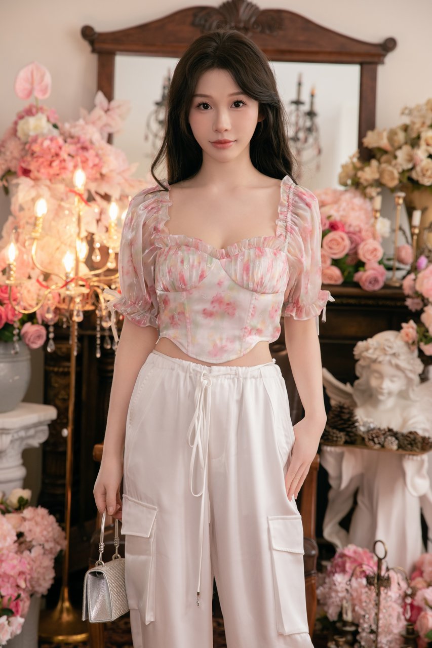 THREE QUARTERS Gilding Swoosh Rose Printed Bubble Sleeve Top | MADA IN CHINA