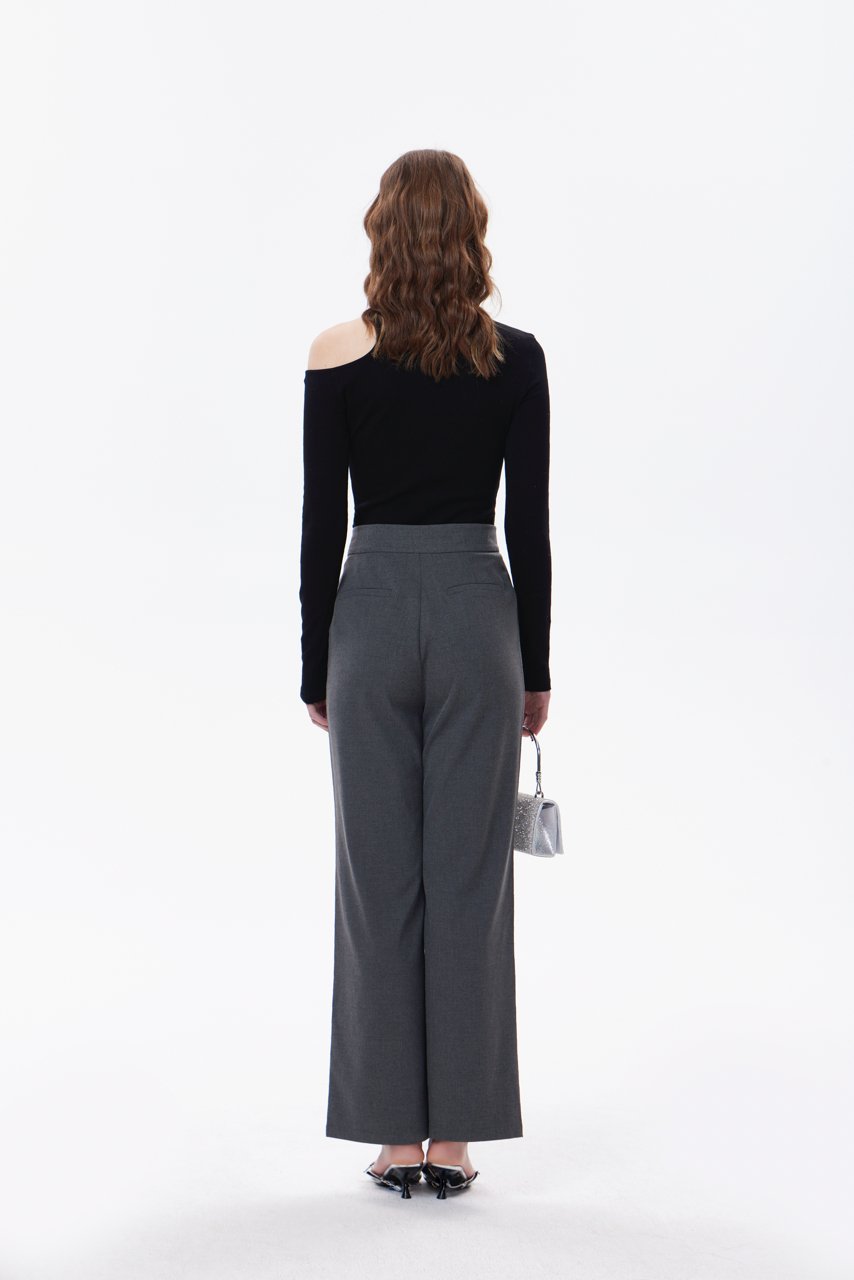 THREE QUARTERS Gray Cropped Pleated Straight Leg Casual Pants | MADA IN CHINA