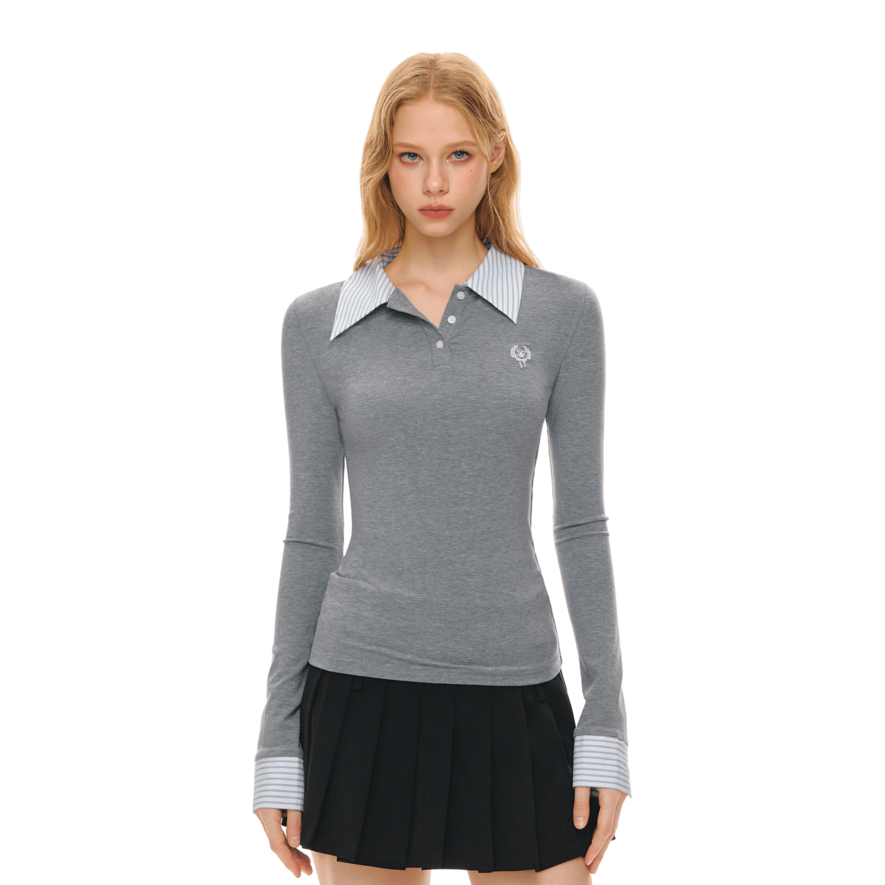 CLIMAX VISION Gray Shirt Collar Fake Two - piece Tencel Rib Stitching Long Sleeves | MADAX