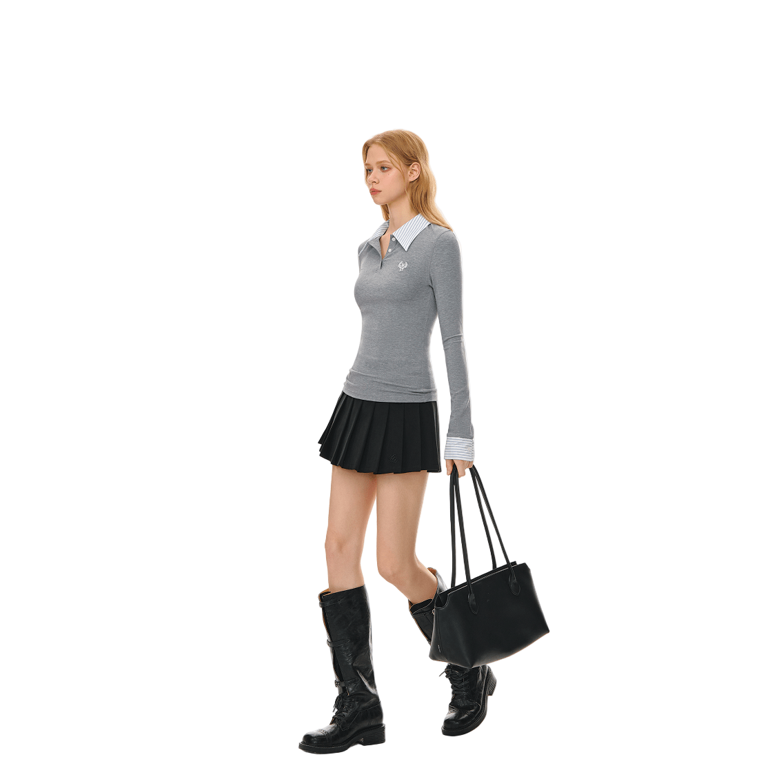 CLIMAX VISION Gray Shirt Collar Fake Two - piece Tencel Rib Stitching Long Sleeves | MADAX