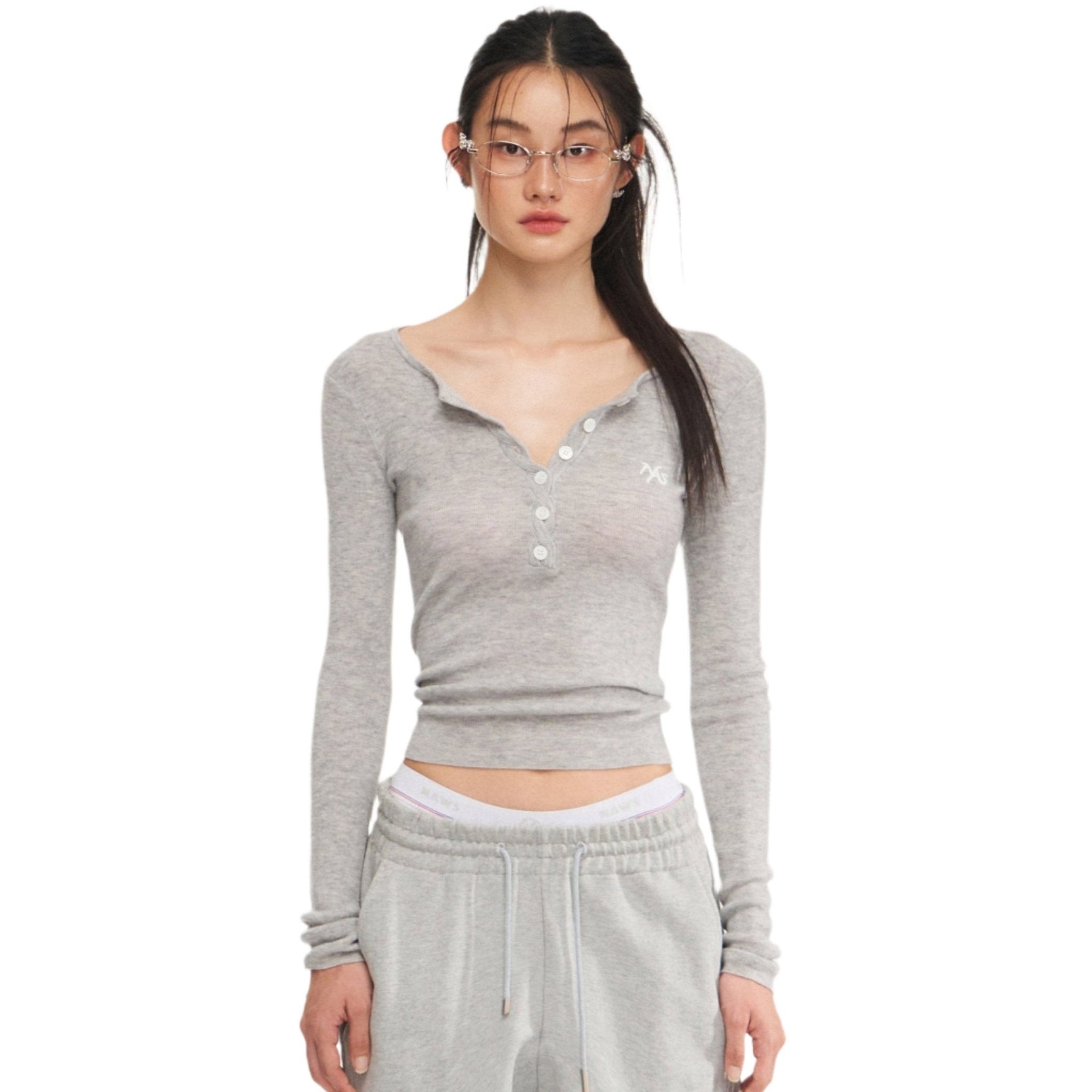 NAWS Gray Twisted Henley Collar Knitwear Top | MADAX