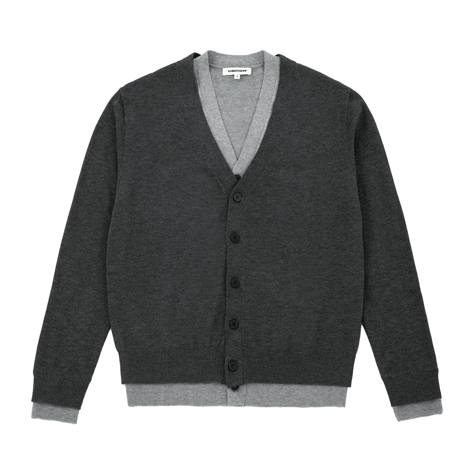 Climax Vision Gray Wool Blend Fake Two - Piece Contrast Color V - Neck Cardigan Sweater | MADAX