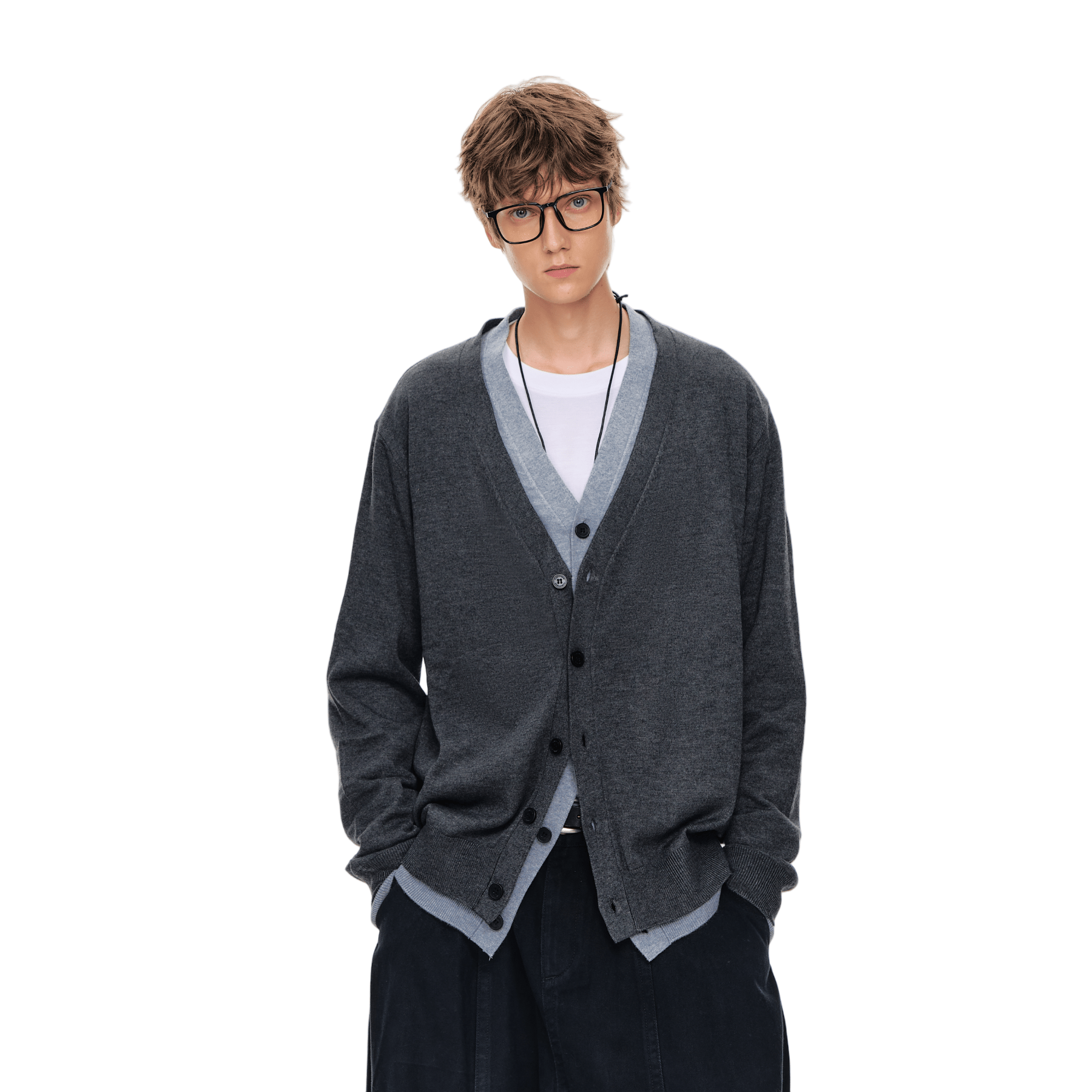 Climax Vision Gray Wool Blend Fake Two - Piece Contrast Color V - Neck Cardigan Sweater | MADAX