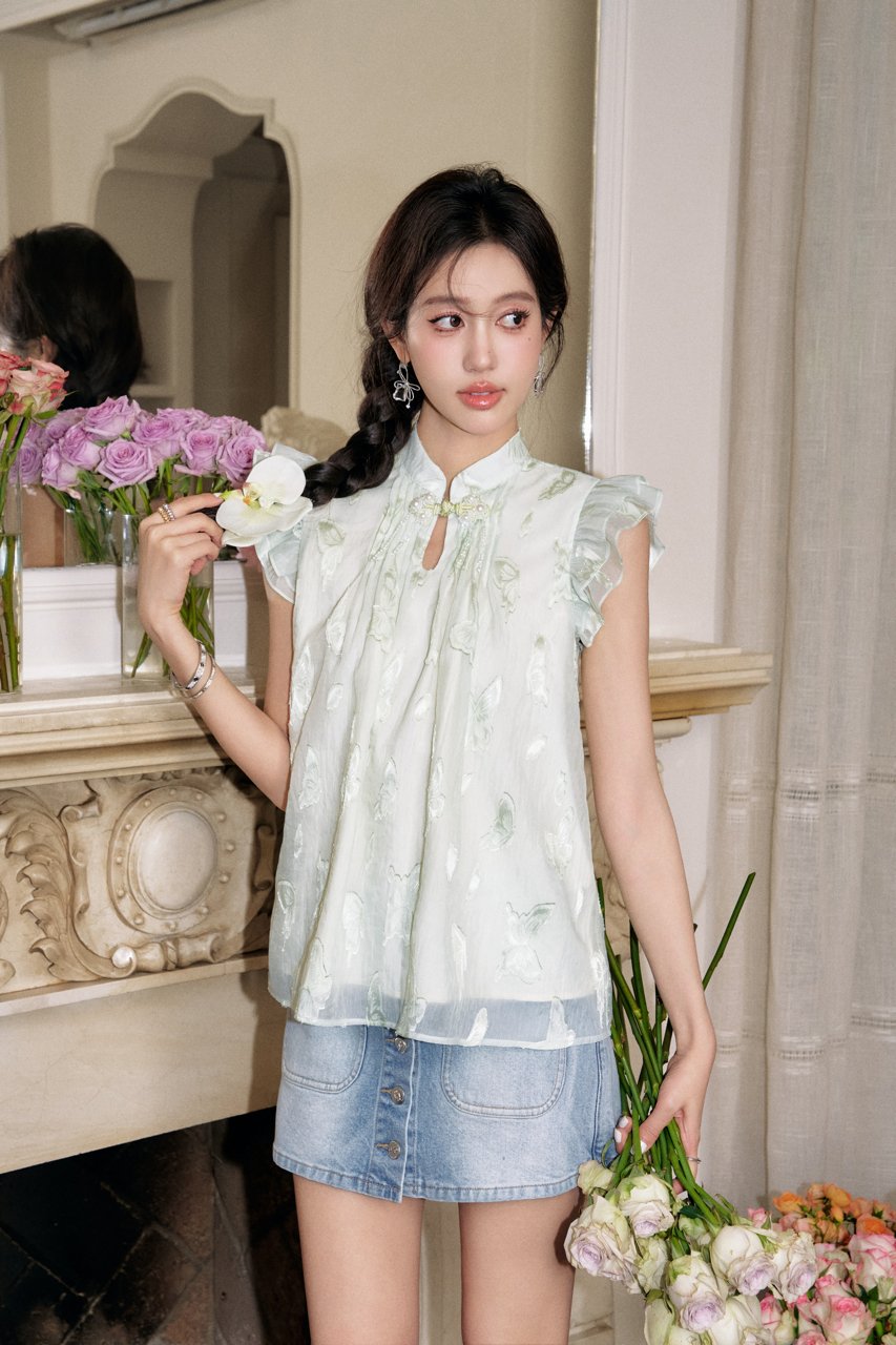 THREE QUARTERS Green New Chinese Cut Flower Strapless Plate Button Dress | MADA IN CHINA