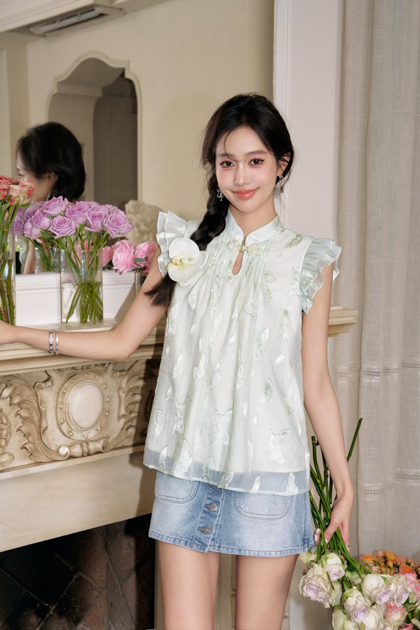 THREE QUARTERS Green New Chinese Cut Flower Strapless Plate Button Dress | MADA IN CHINA