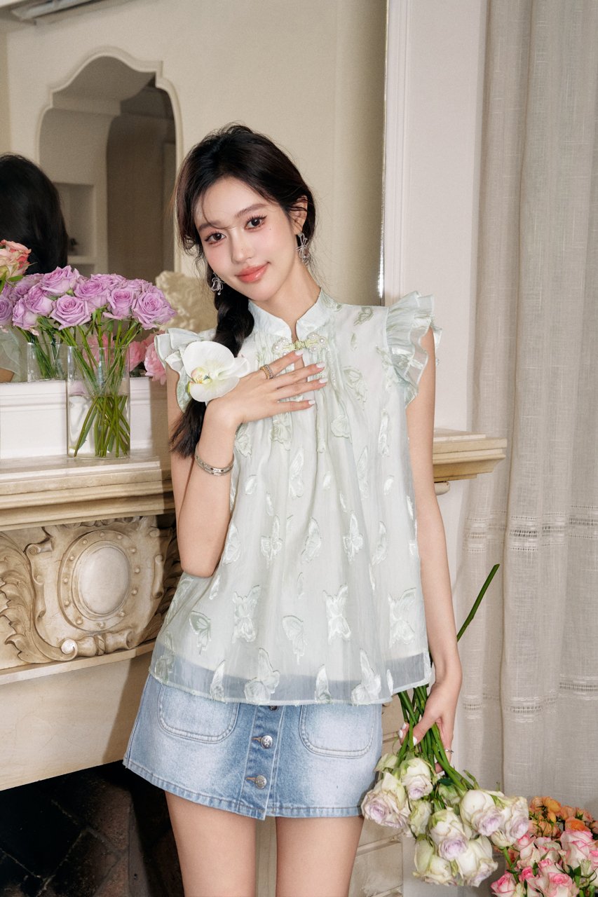 THREE QUARTERS Green New Chinese Cut Flower Strapless Plate Button Dress | MADA IN CHINA