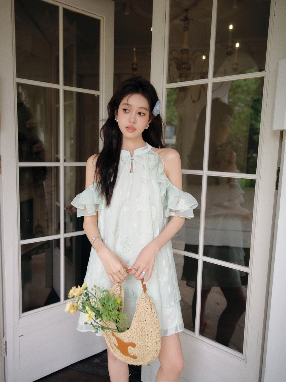 Three Quarters Green New Chinese Cut Flower Strapless Plate Button Dress Three Quarters Green New Chinese Cut Flower Strapless Plate Button Dress