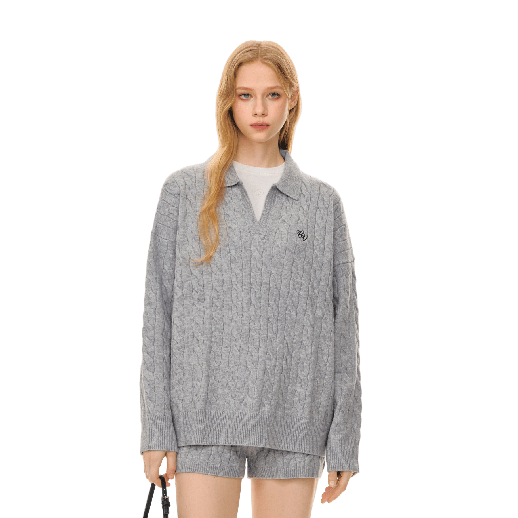 CLIMAX VISION Grey Cable Knit Suit Polo Collar Embroidered Soft Knit Sweater | MADAX