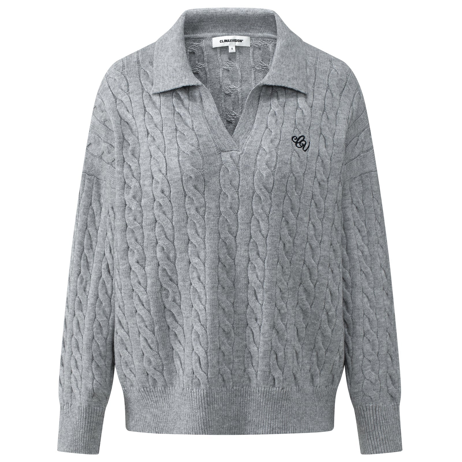 CLIMAX VISION Grey Cable Knit Suit Polo Collar Embroidered Soft Knit Sweater | MADAX