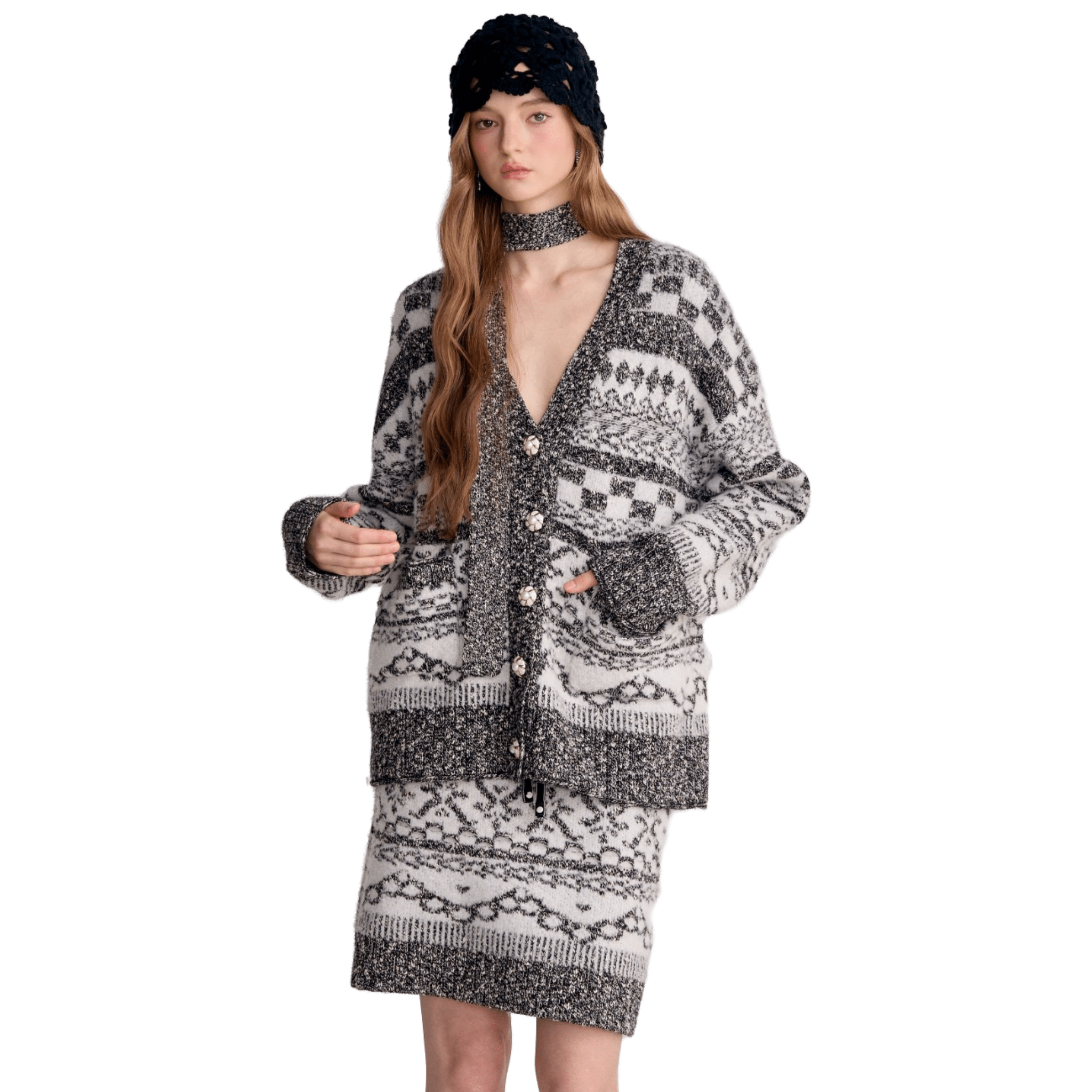 AIMME SPARROW Grey Fair Isle Choker V - neck Cardigan | MADAX