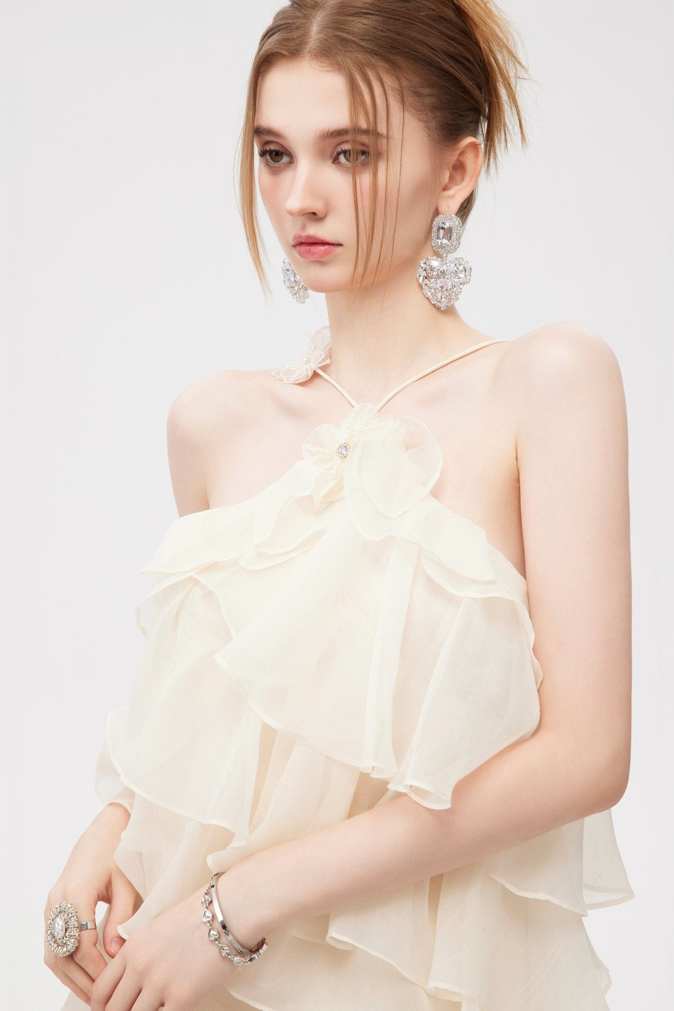 AIMME SPARROW Halter Neck 3D Butterfly Cake Skirt In White | MADAX