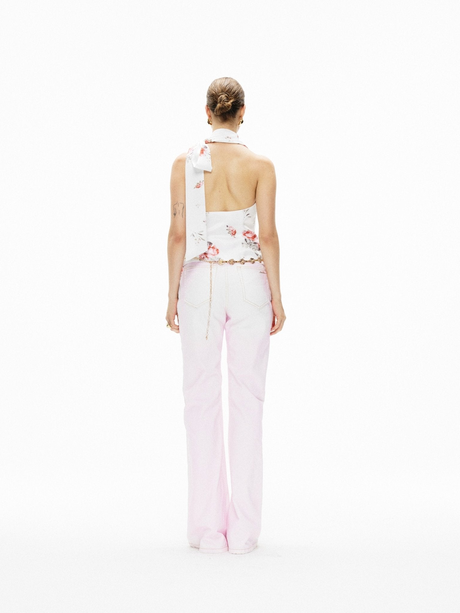 ARTE PURA Halterneck Printed Satin Top In White | MADAX