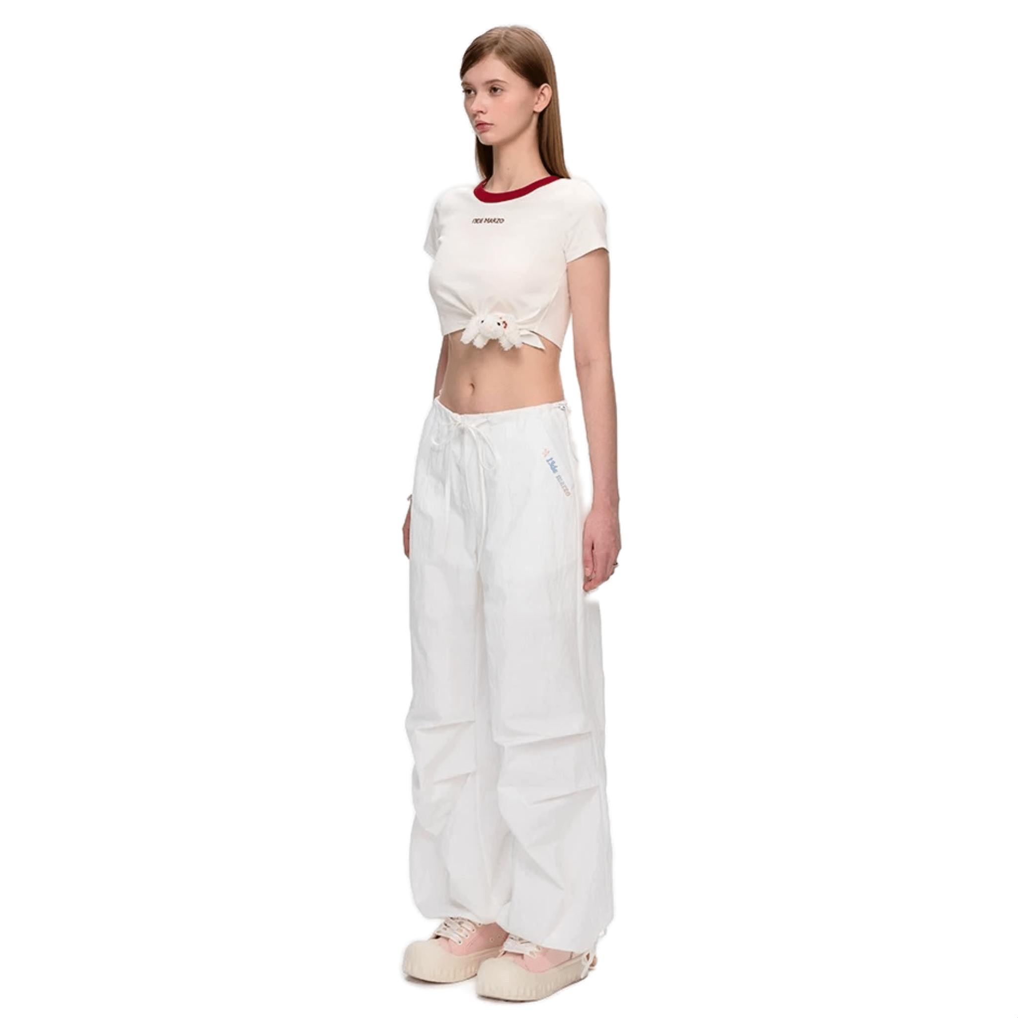 13DE MARZO Hawaiian Bear Drawstring Wide Leg Pants in White | MADAX