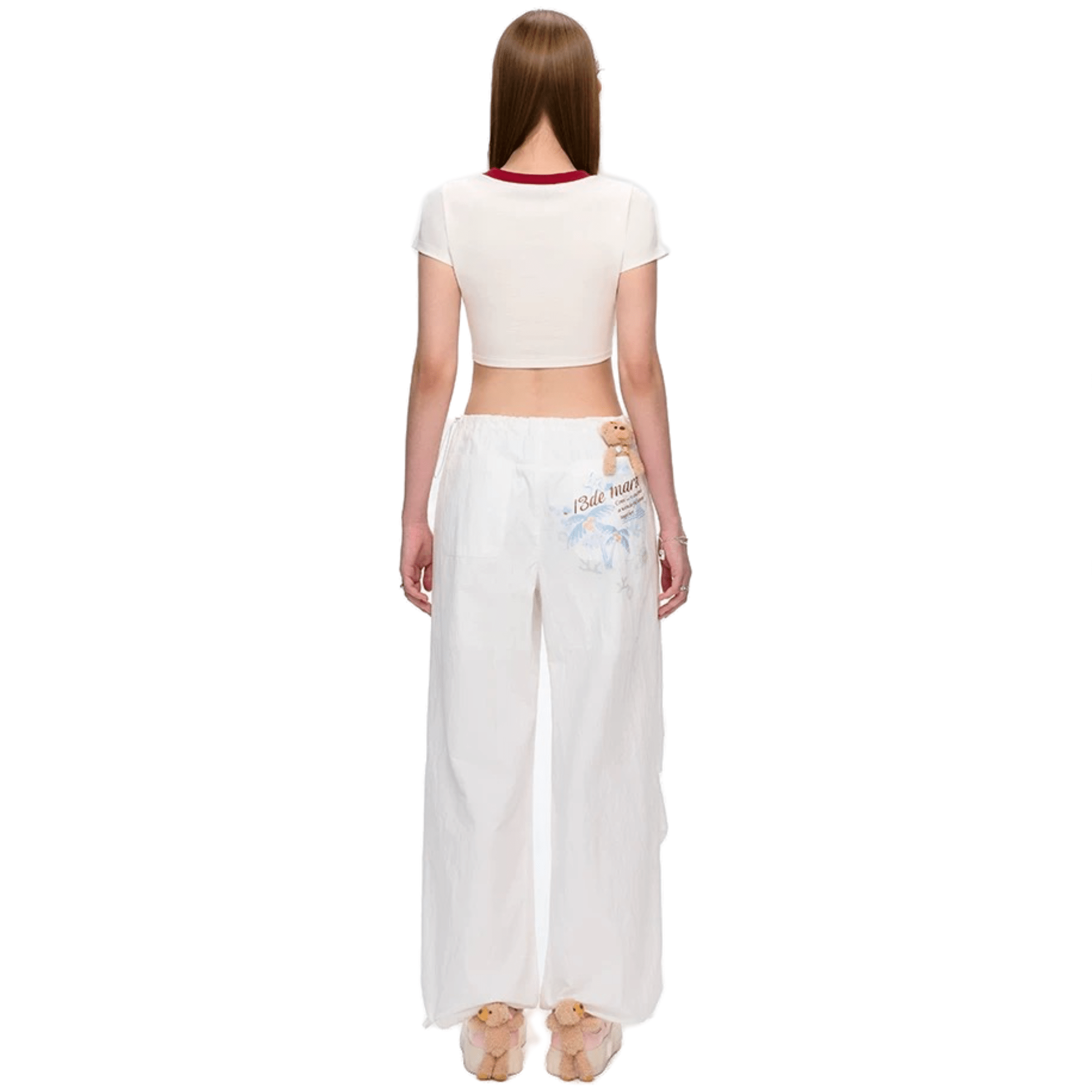 13DE MARZO Hawaiian Bear Drawstring Wide Leg Pants in White | MADAX
