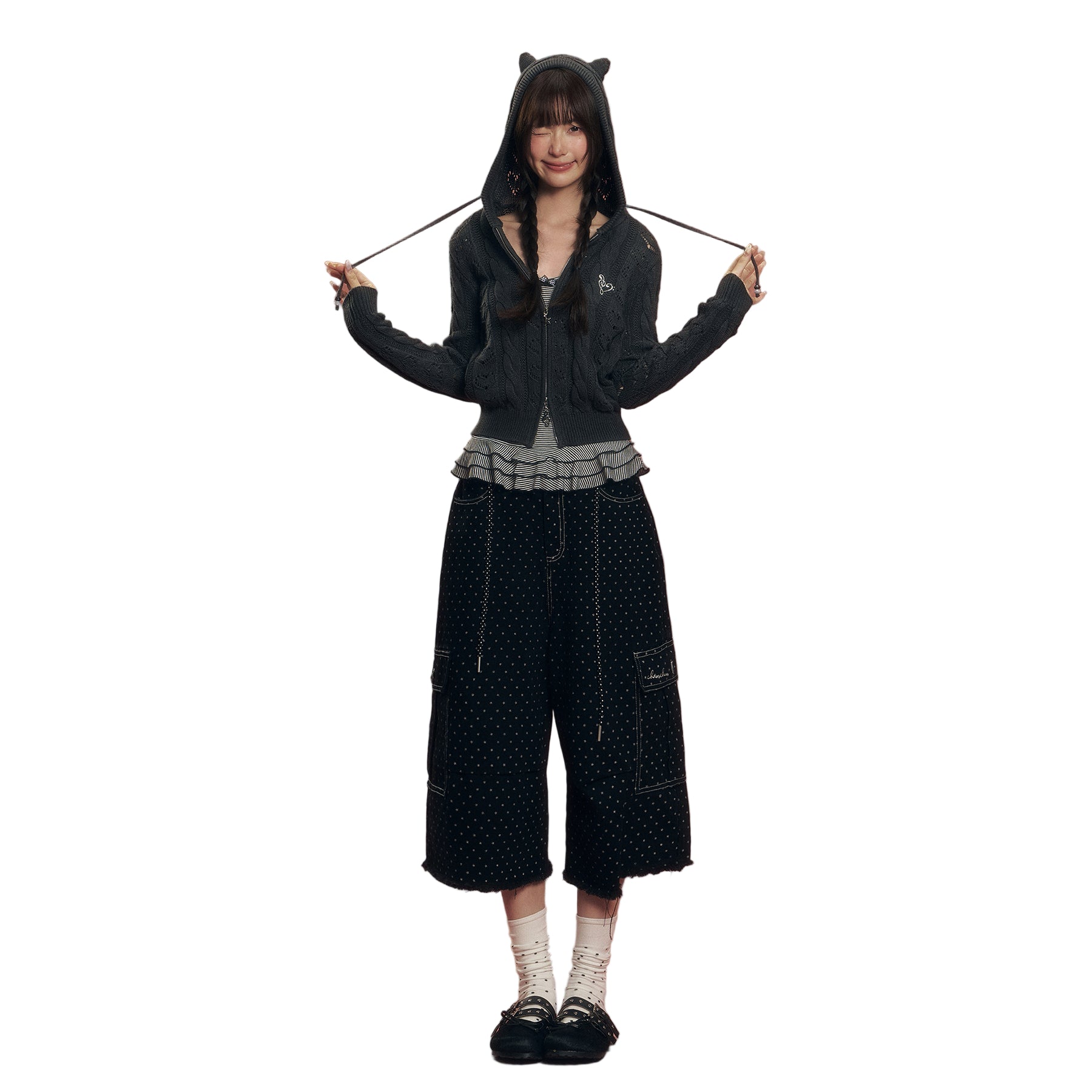 CHAOSCHAOS Heart Hollow Hooded Knitted Cardigan In Dark Gray | MADAX