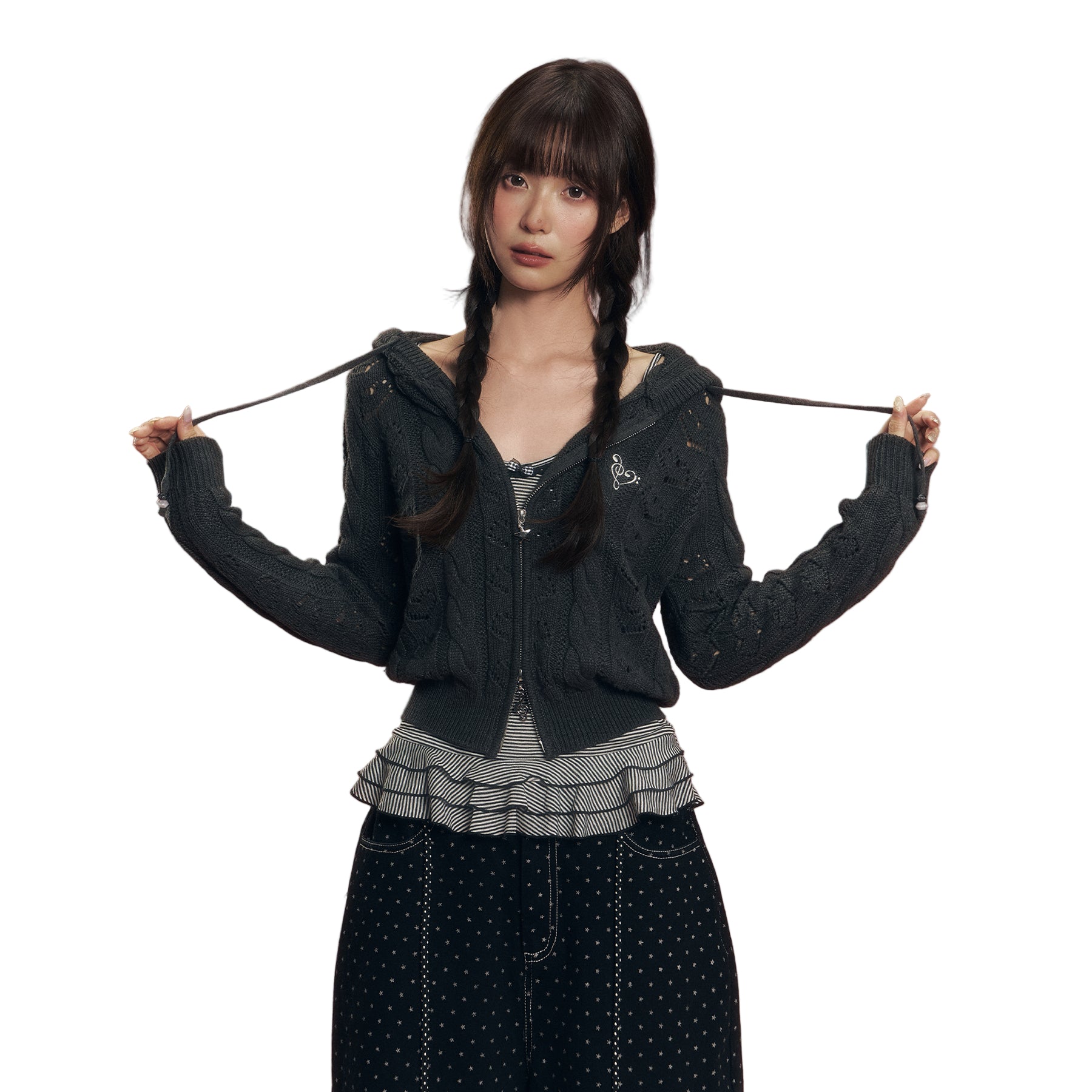 CHAOSCHAOS Heart Hollow Hooded Knitted Cardigan In Dark Gray | MADAX