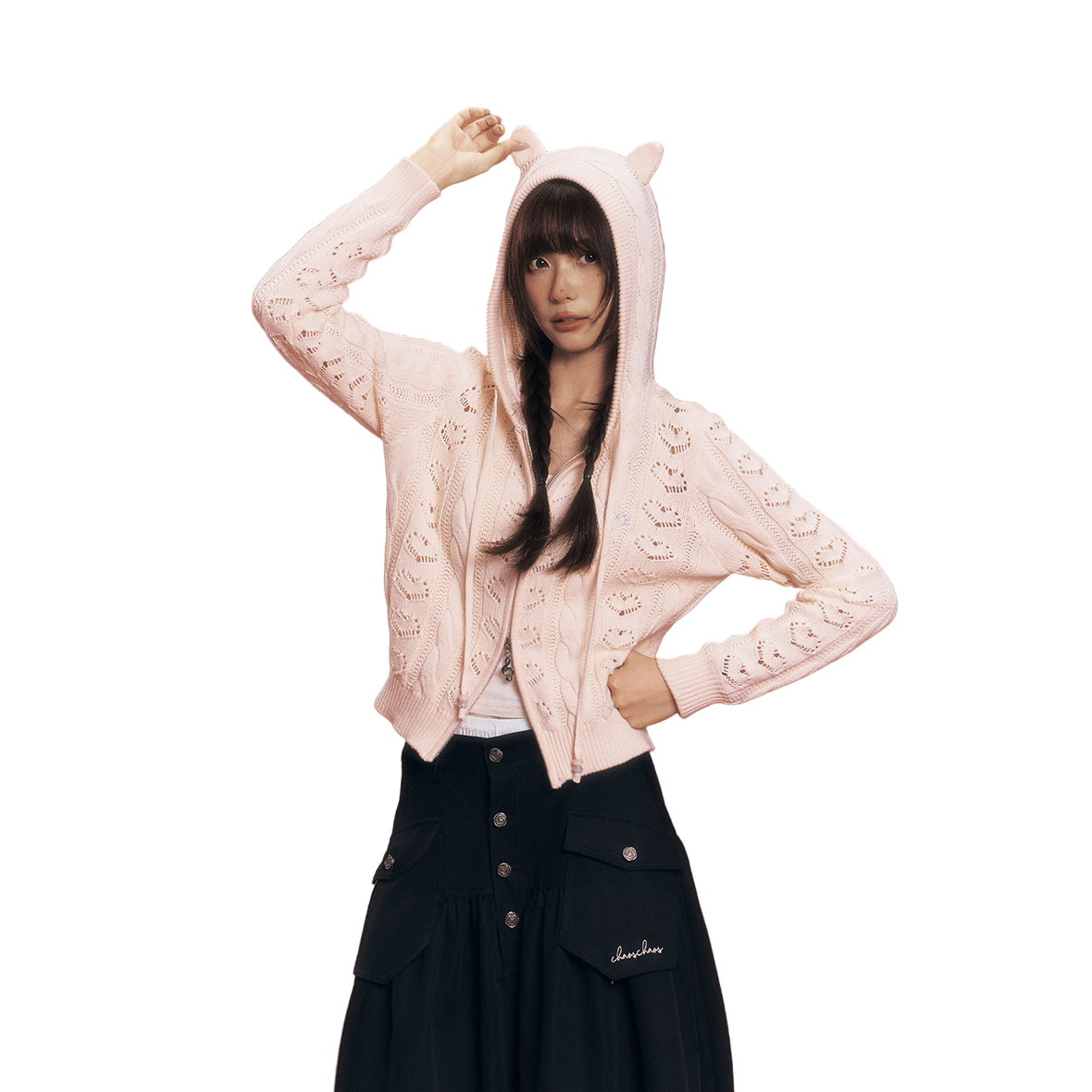 CHAOSCHAOS Heart Hollow Hooded Knitted Cardigan In Pink | MADAX