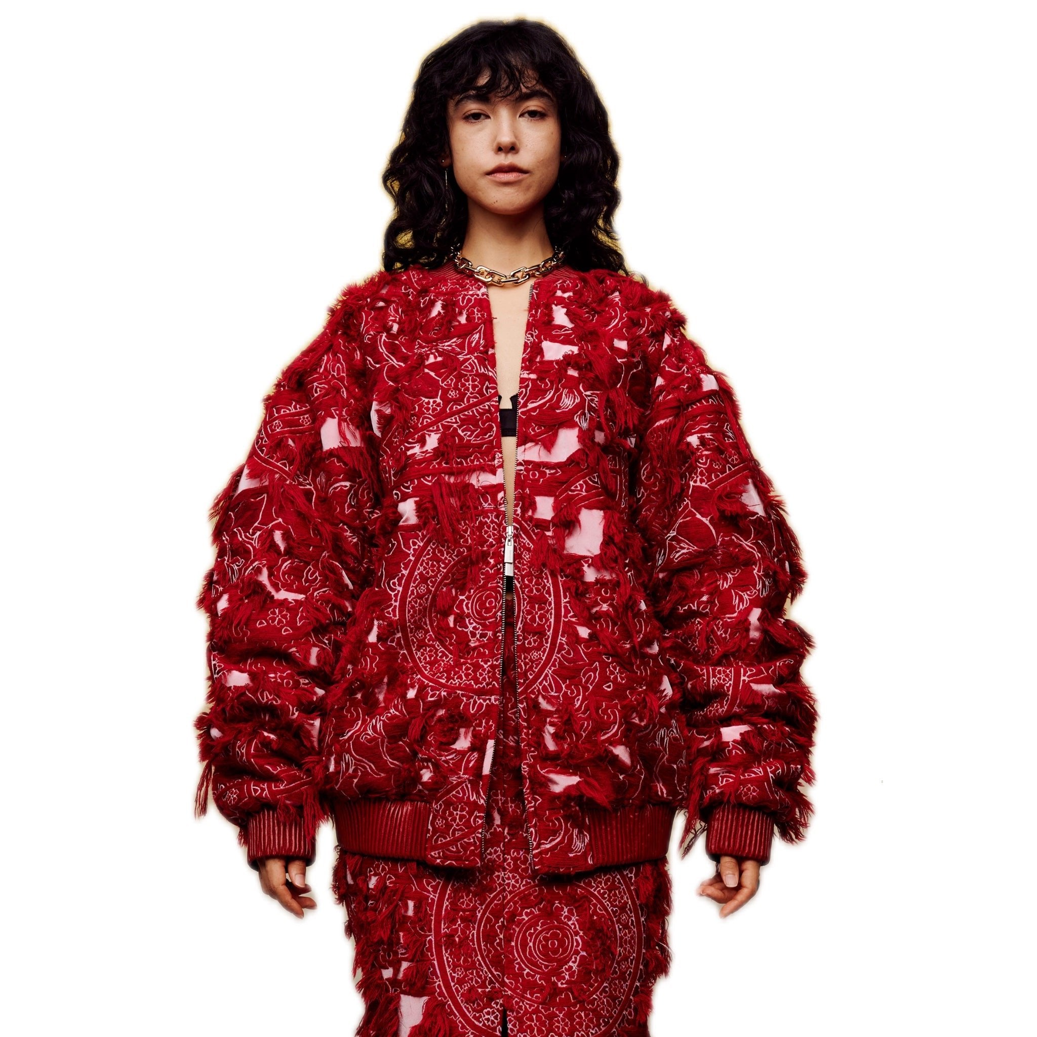 ilEWUOY Heavy Brushed Jacquard Cotton Jacket in Red | MADA IN CHINA