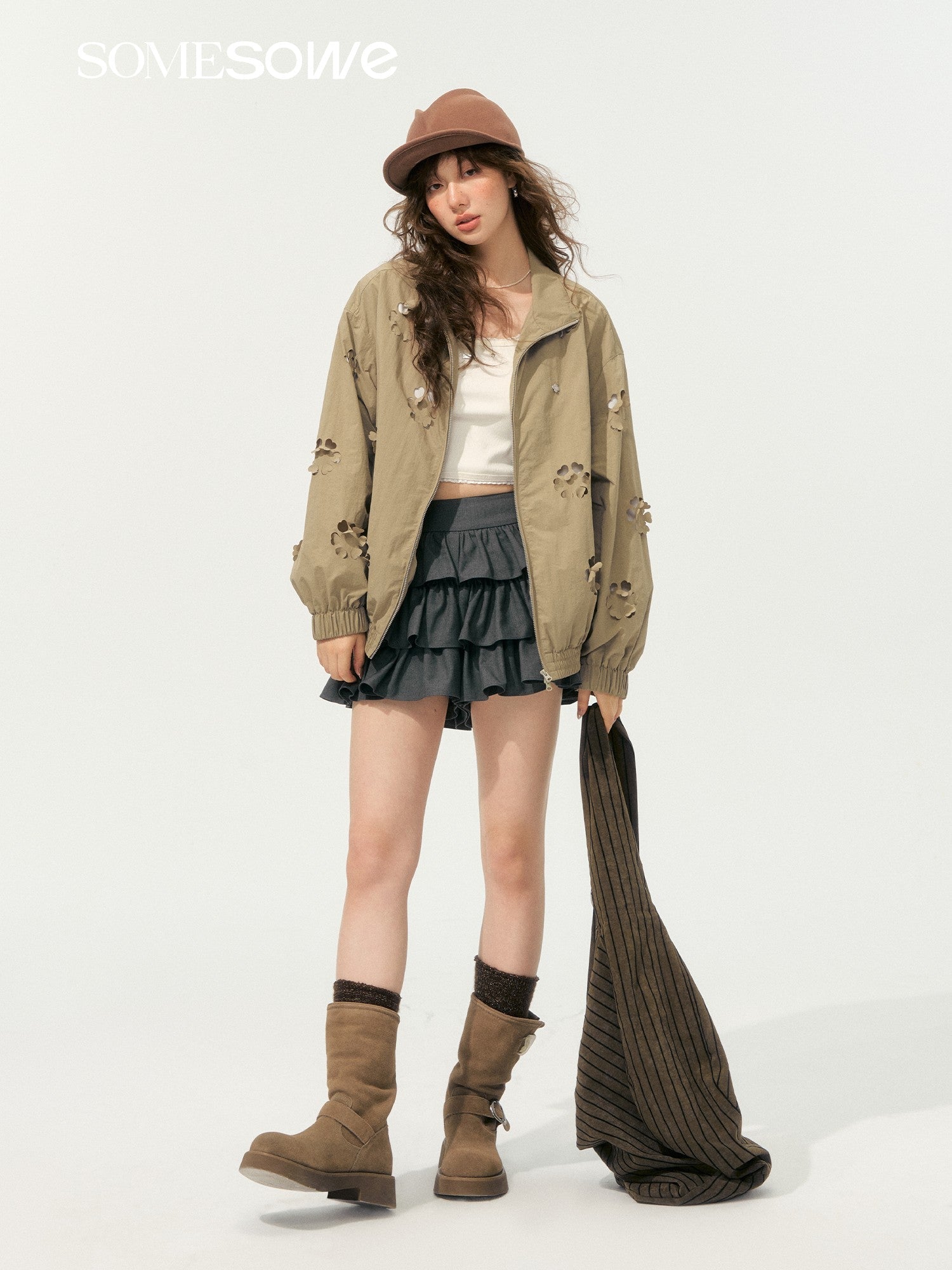 SOMESOWE Heavy Hollow Cut Floral Jacket In Khaki | MADAX