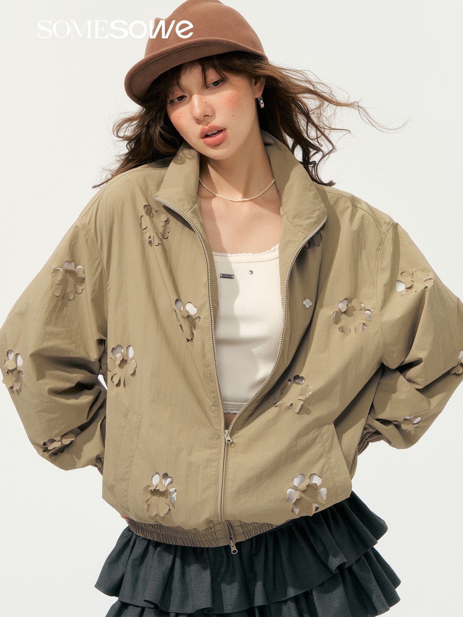 SOMESOWE Heavy Hollow Cut Floral Jacket In Khaki | MADAX