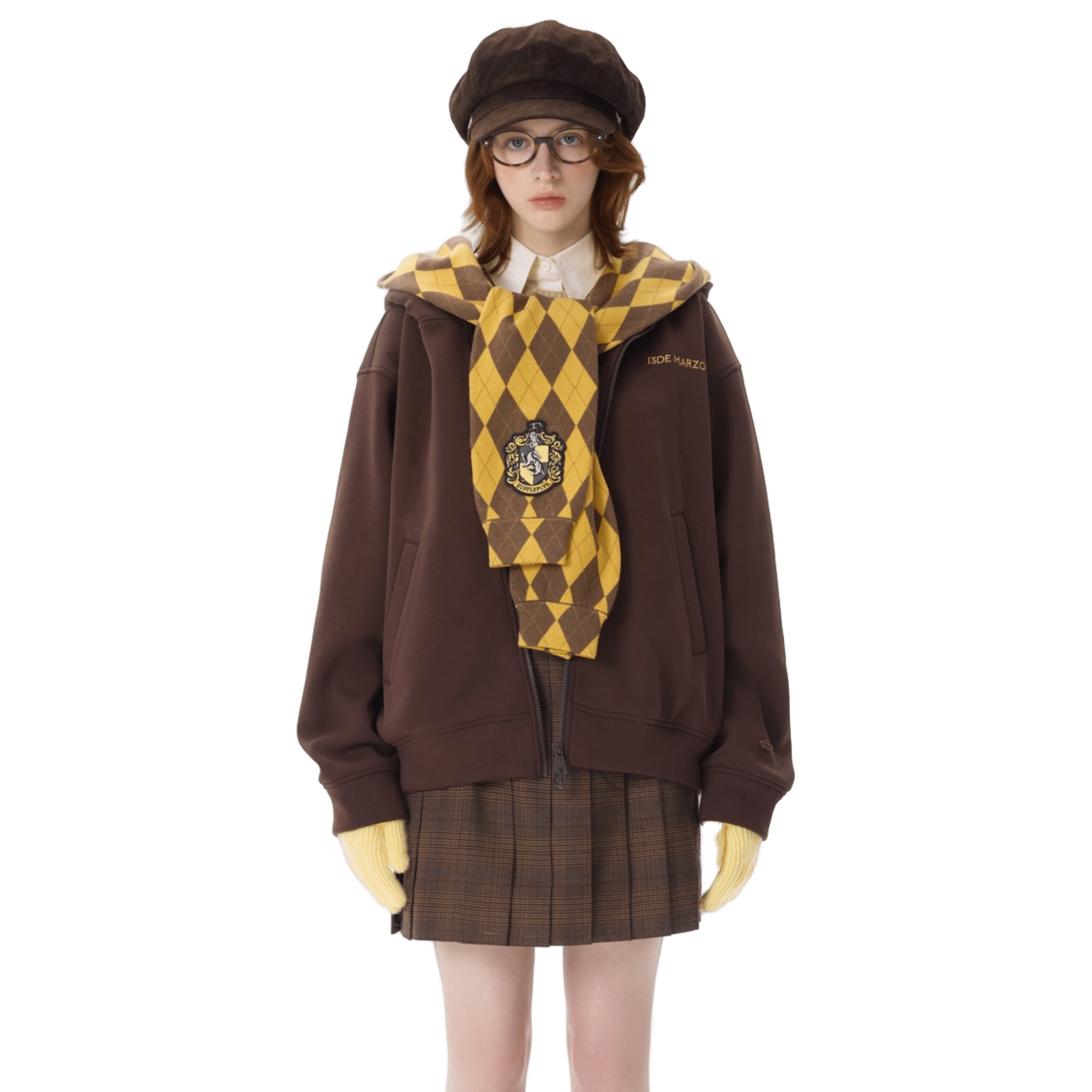 13DE MARZO Hogwarts Four Houses Bear Zipper Hoodie Hufflepuff in Brown | MADAX