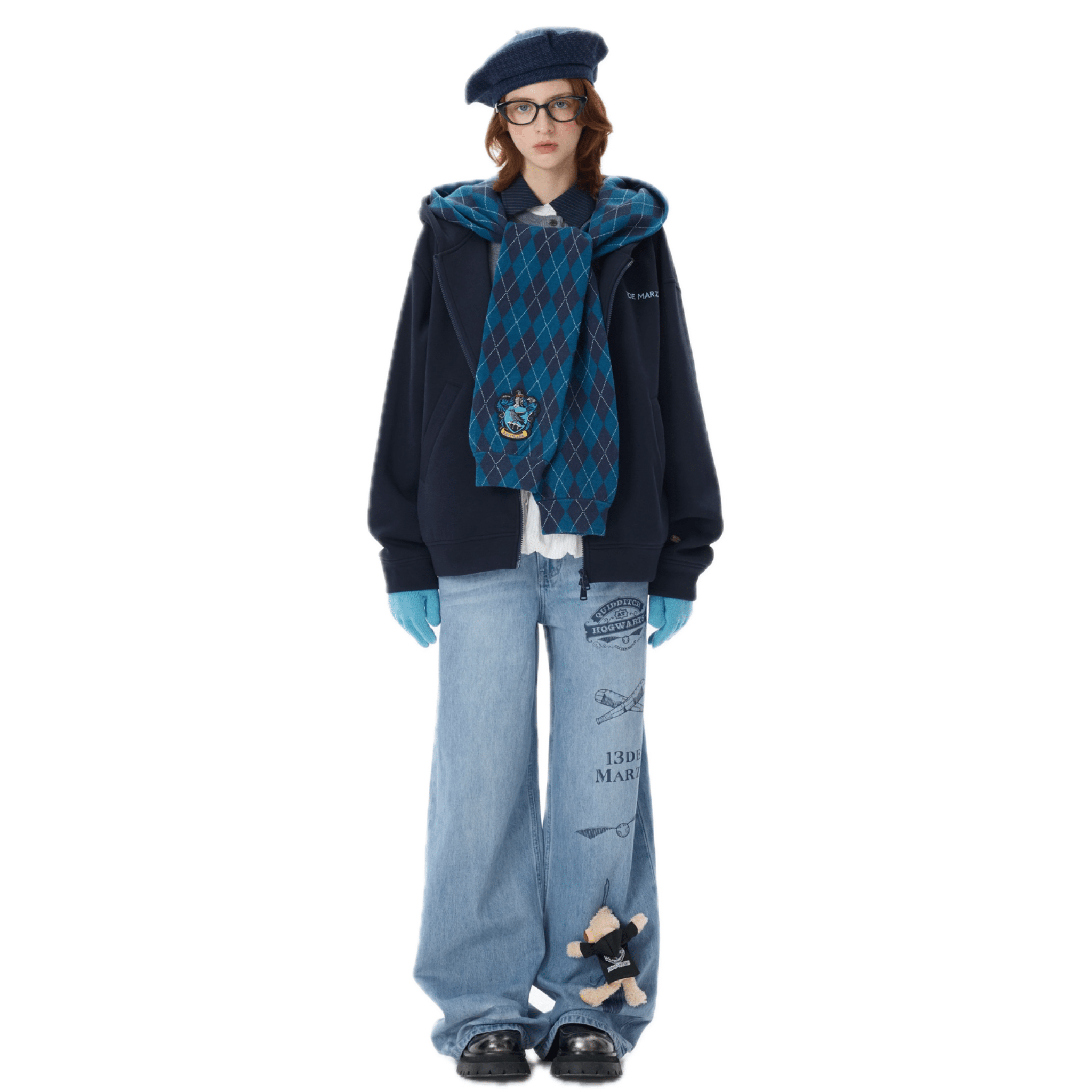 13DE MARZO Hogwarts Four Houses Bear Zipper Hoodie Ravenclaw in Blue | MADAX