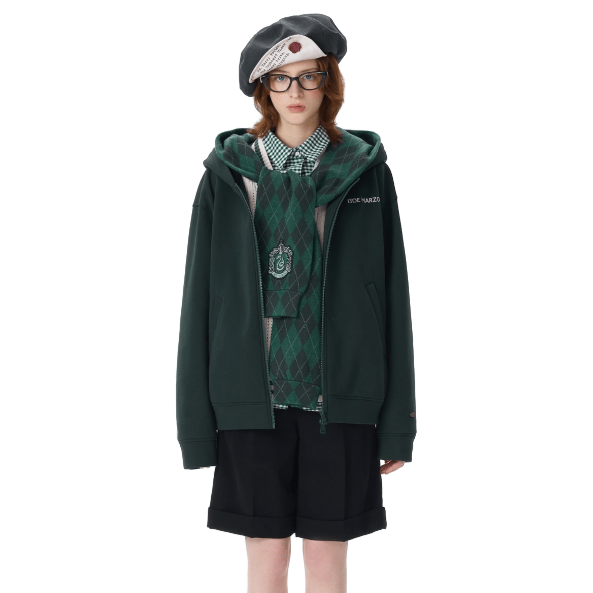 13DE MARZO Hogwarts Four Houses Bear Zipper Hoodie Slytherin in Green | MADAX