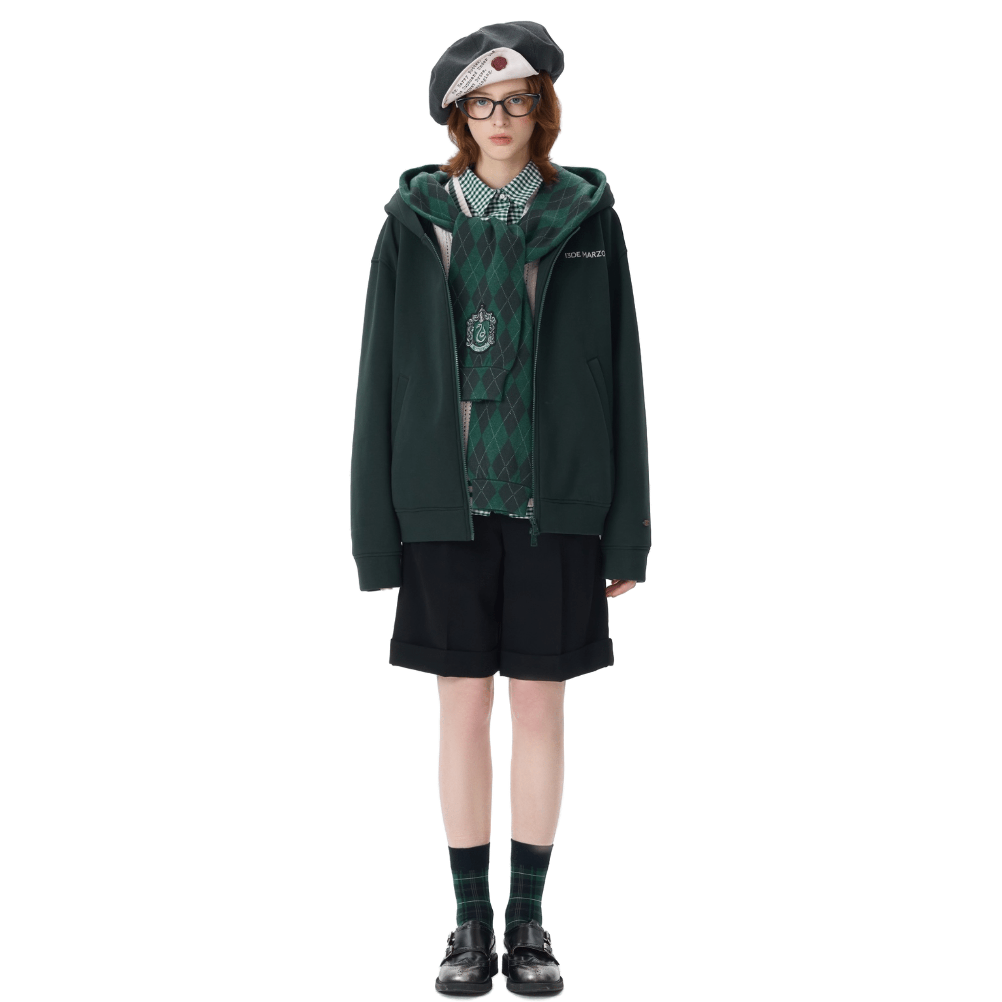 13DE MARZO Hogwarts Four Houses Bear Zipper Hoodie Slytherin in Green | MADAX