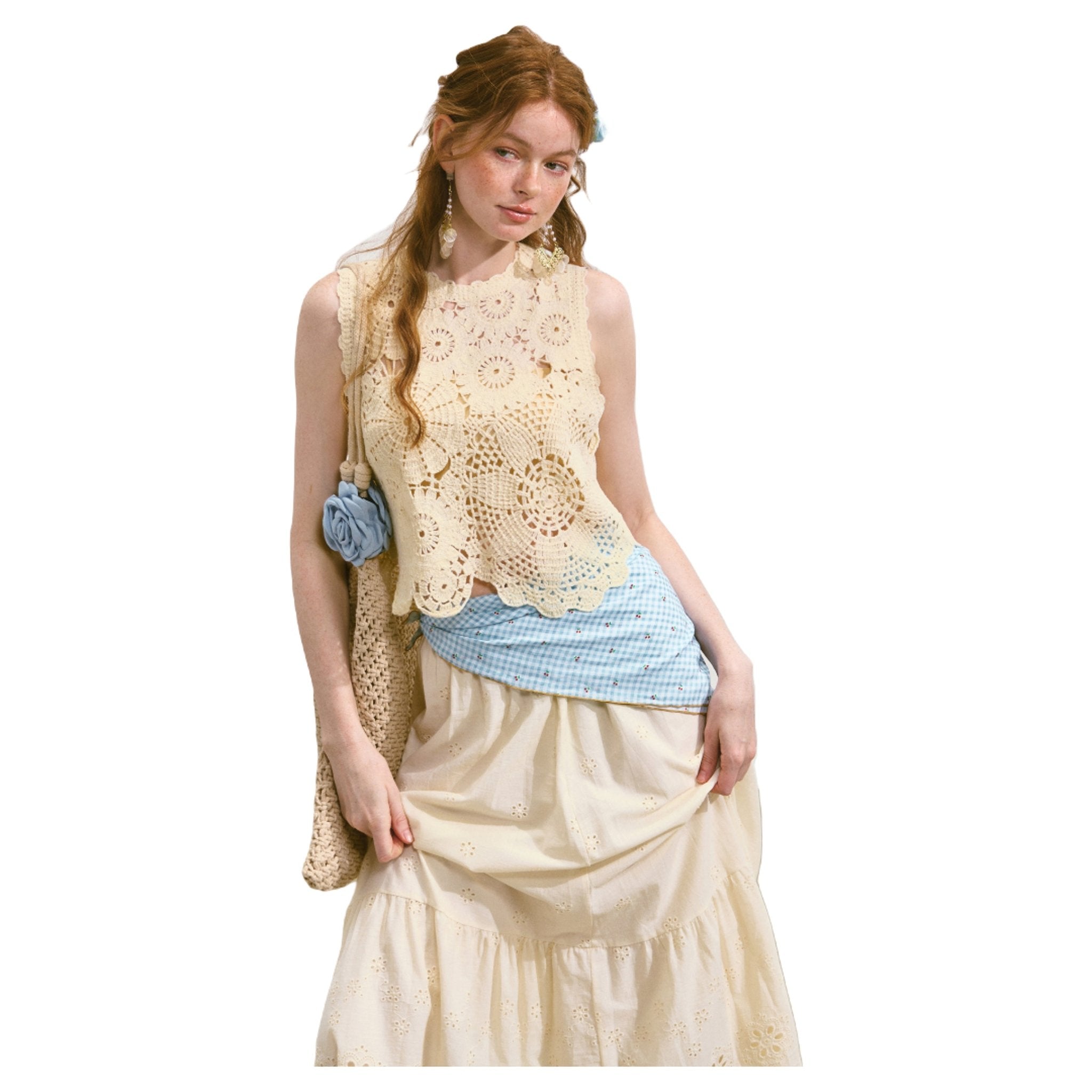 SOMESOWE Hollow Lucky Flower Crochet Vest In Beige | MADAX