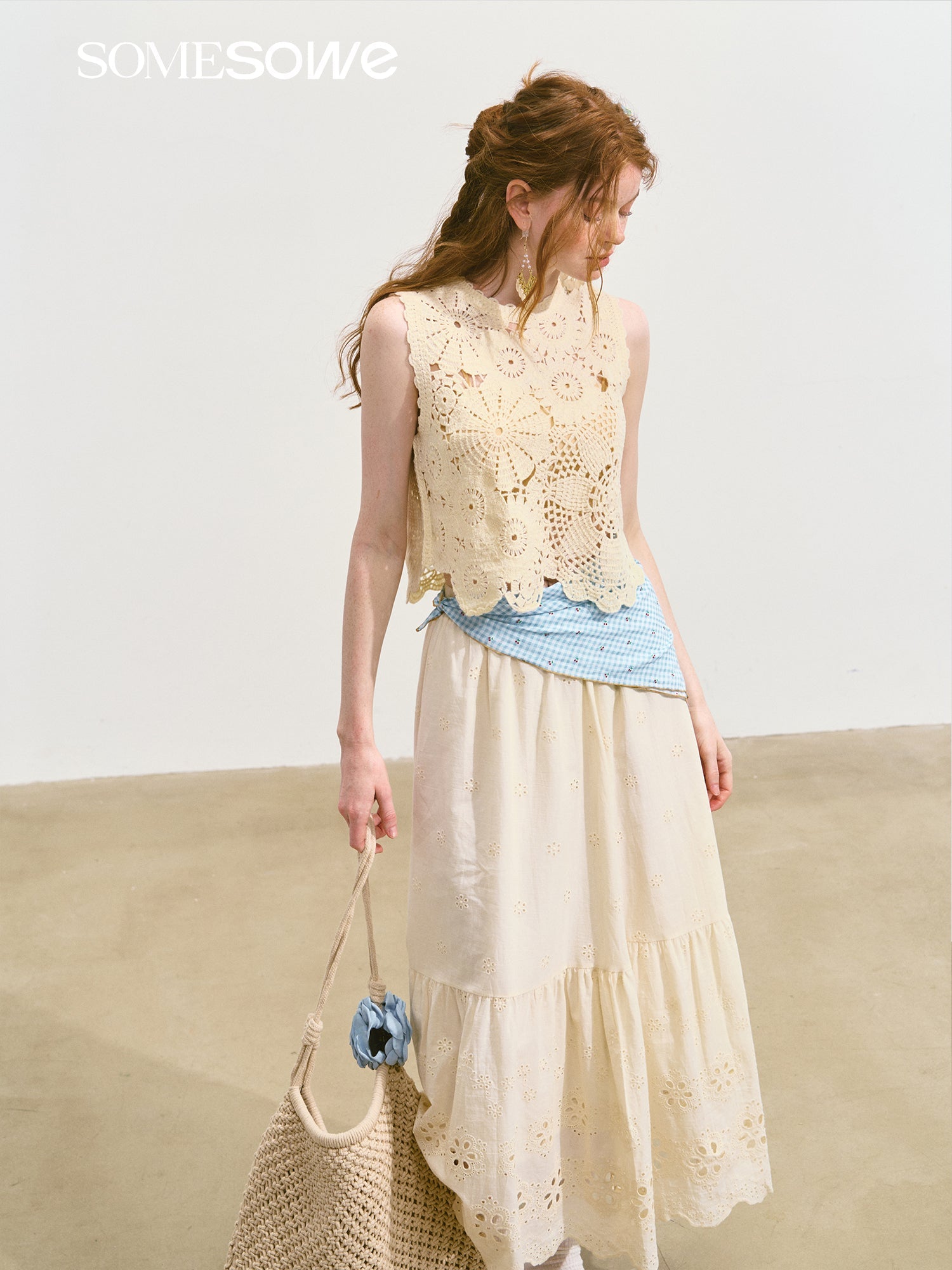 SOMESOWE Hollow Lucky Flower Crochet Vest In Beige | MADAX