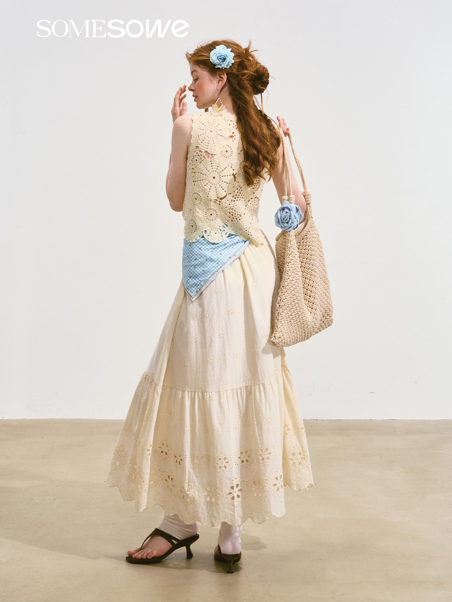 SOMESOWE Hollow Lucky Flower Crochet Vest In Beige | MADAX