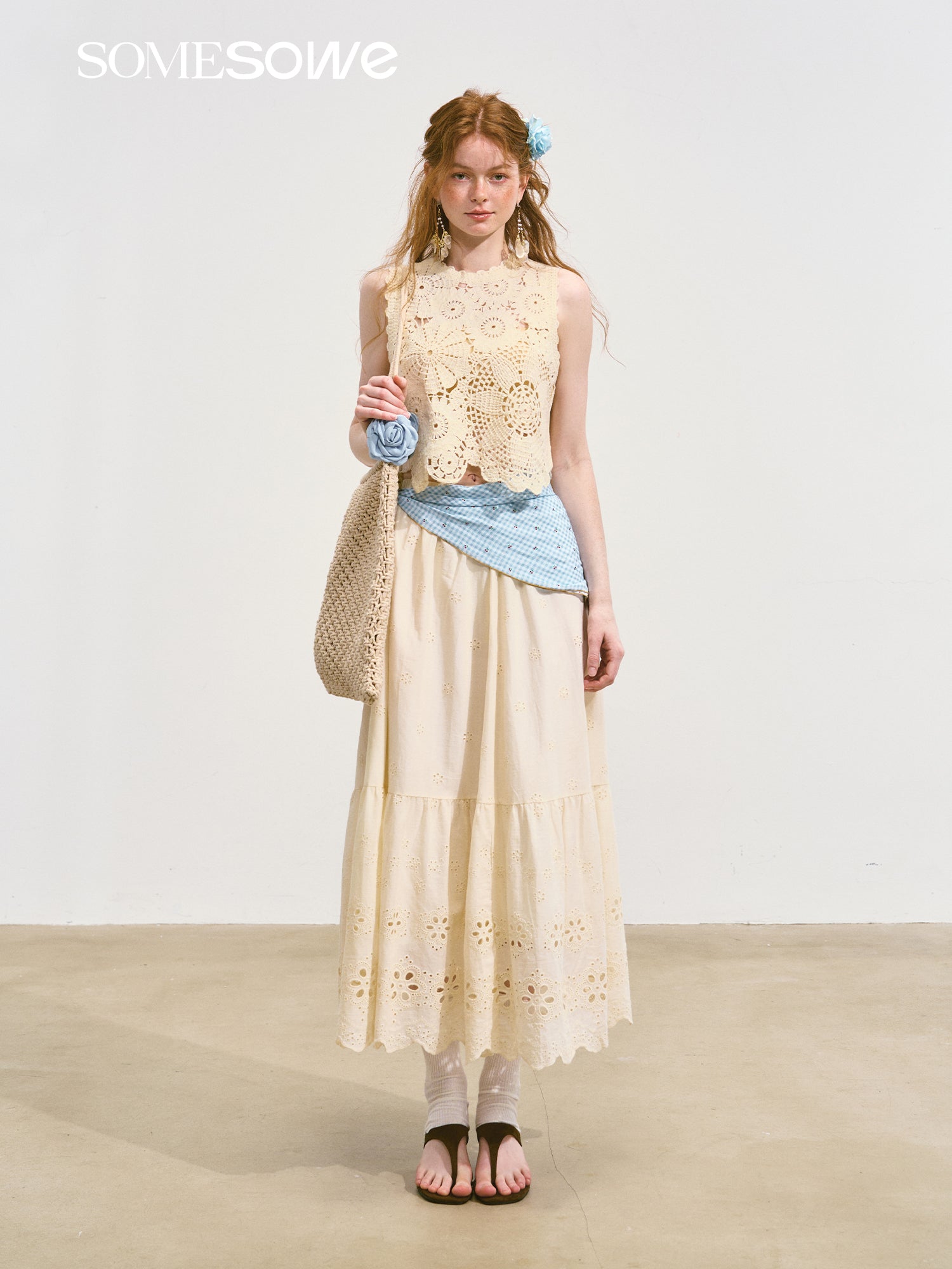 SOMESOWE Hollow Lucky Flower Crochet Vest In Beige | MADAX