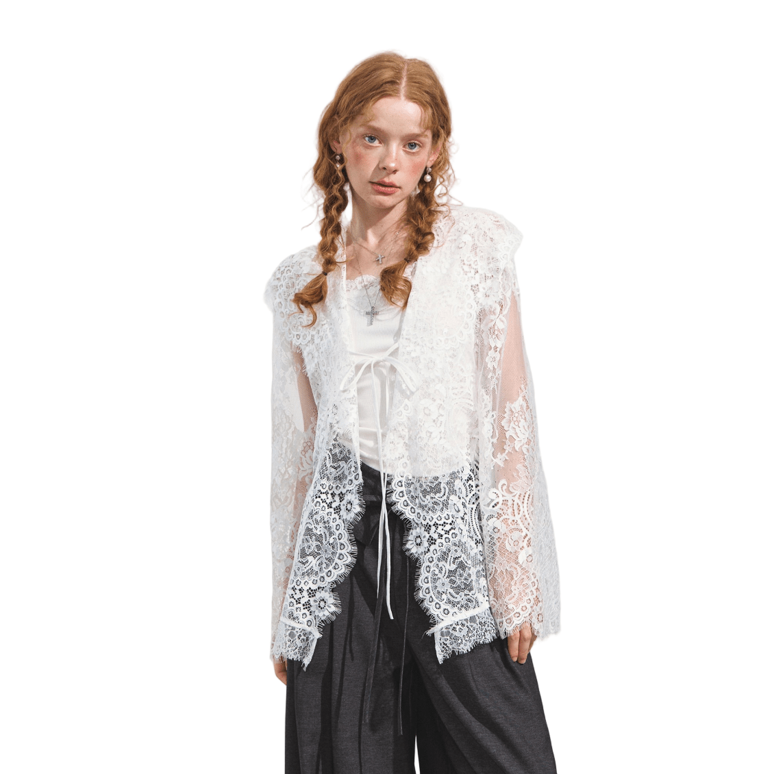 SOMESOWE Hooded Lace Cardigan In White | MADAX