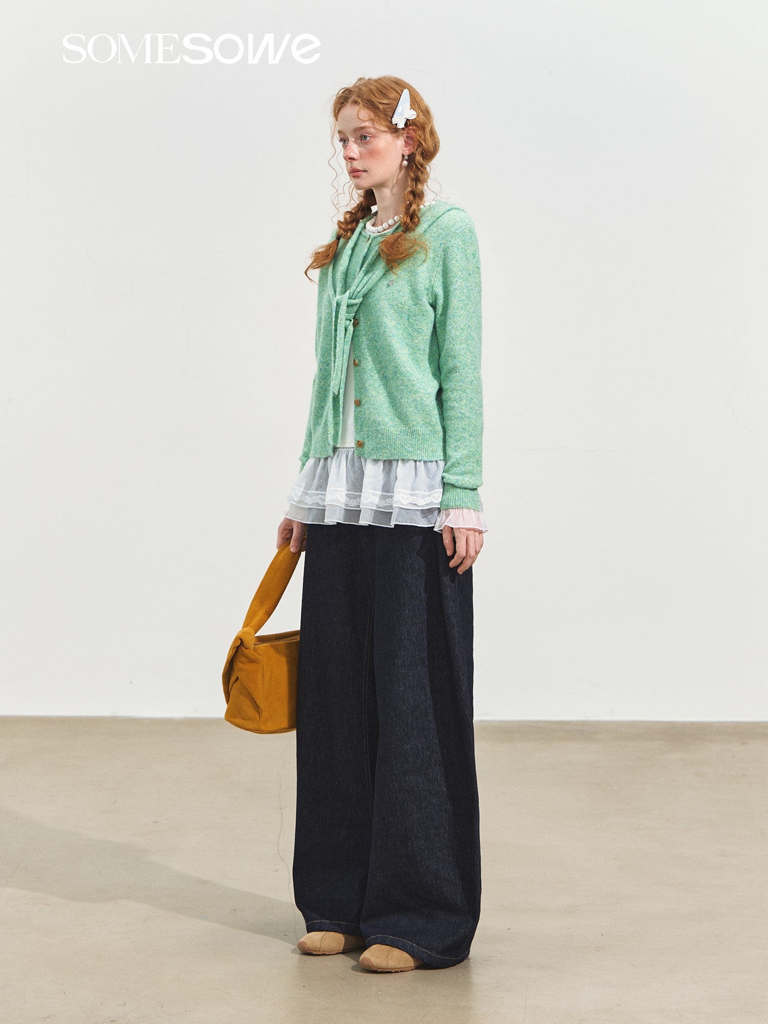 SOMESOWE Hooded Shawl Rolled Hem Round Neck Cardigan In Green | MADAX