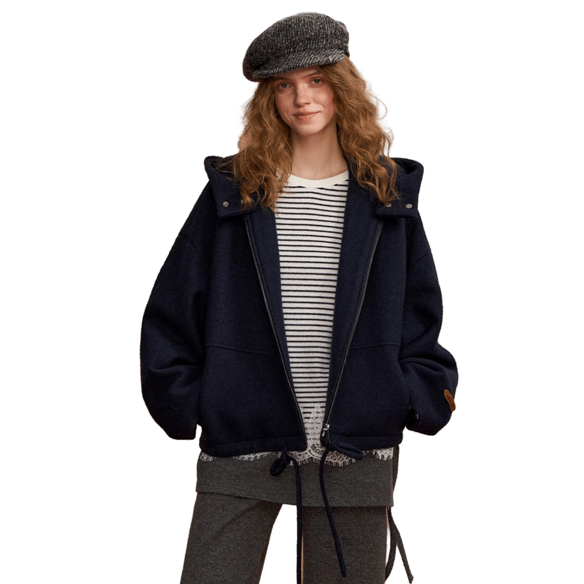 SOMESOWE Hooded Short Wool Coat in Navy blue | MADAX