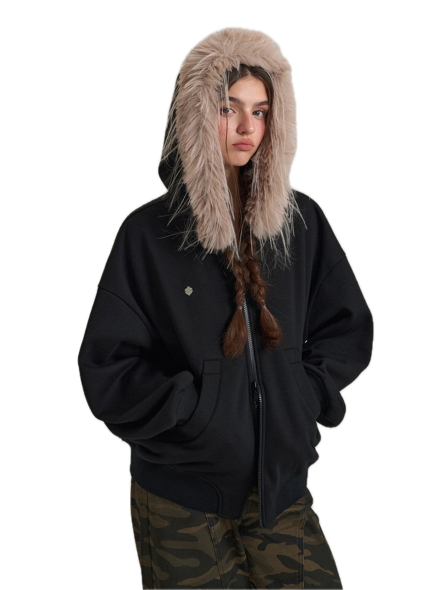 SOMESOWE Hoodie With Detachable Fur Collar In Black | MADAX