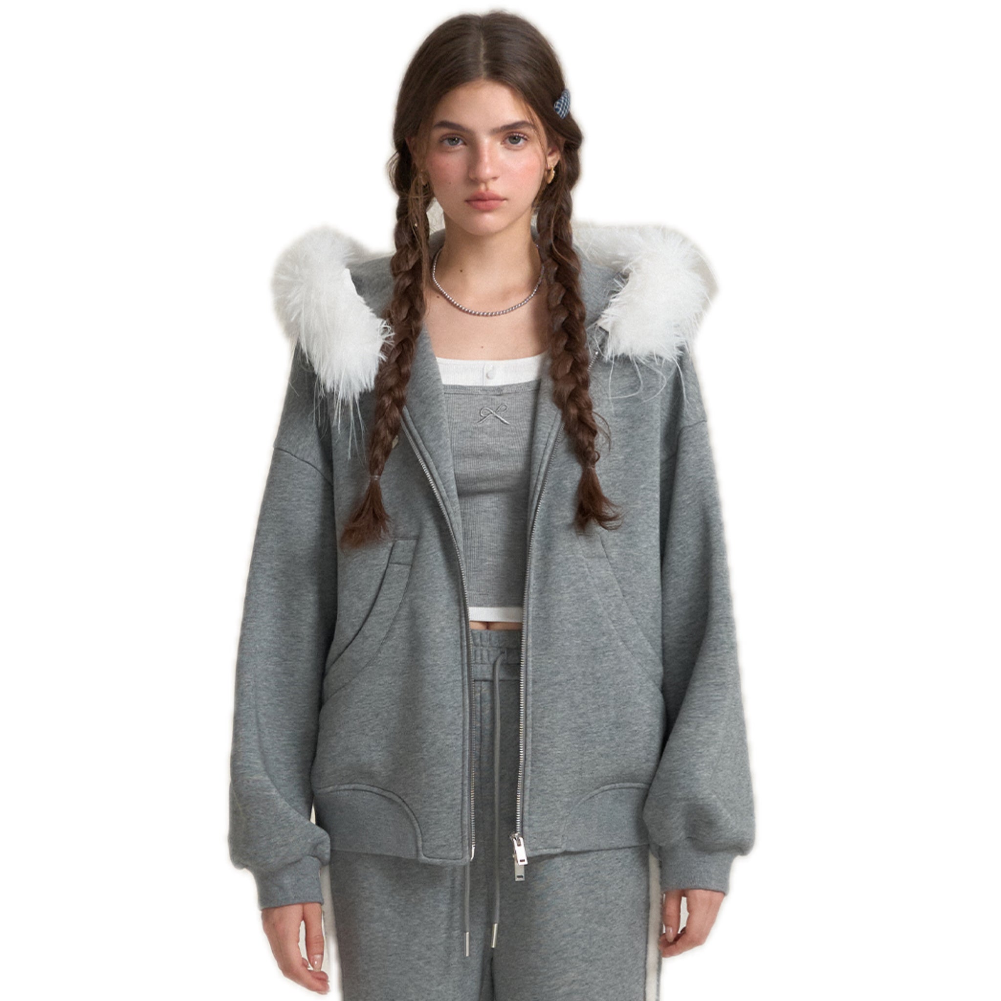 SOMESOWE Hoodie With Detachable Fur Collar In Gray | MADAX