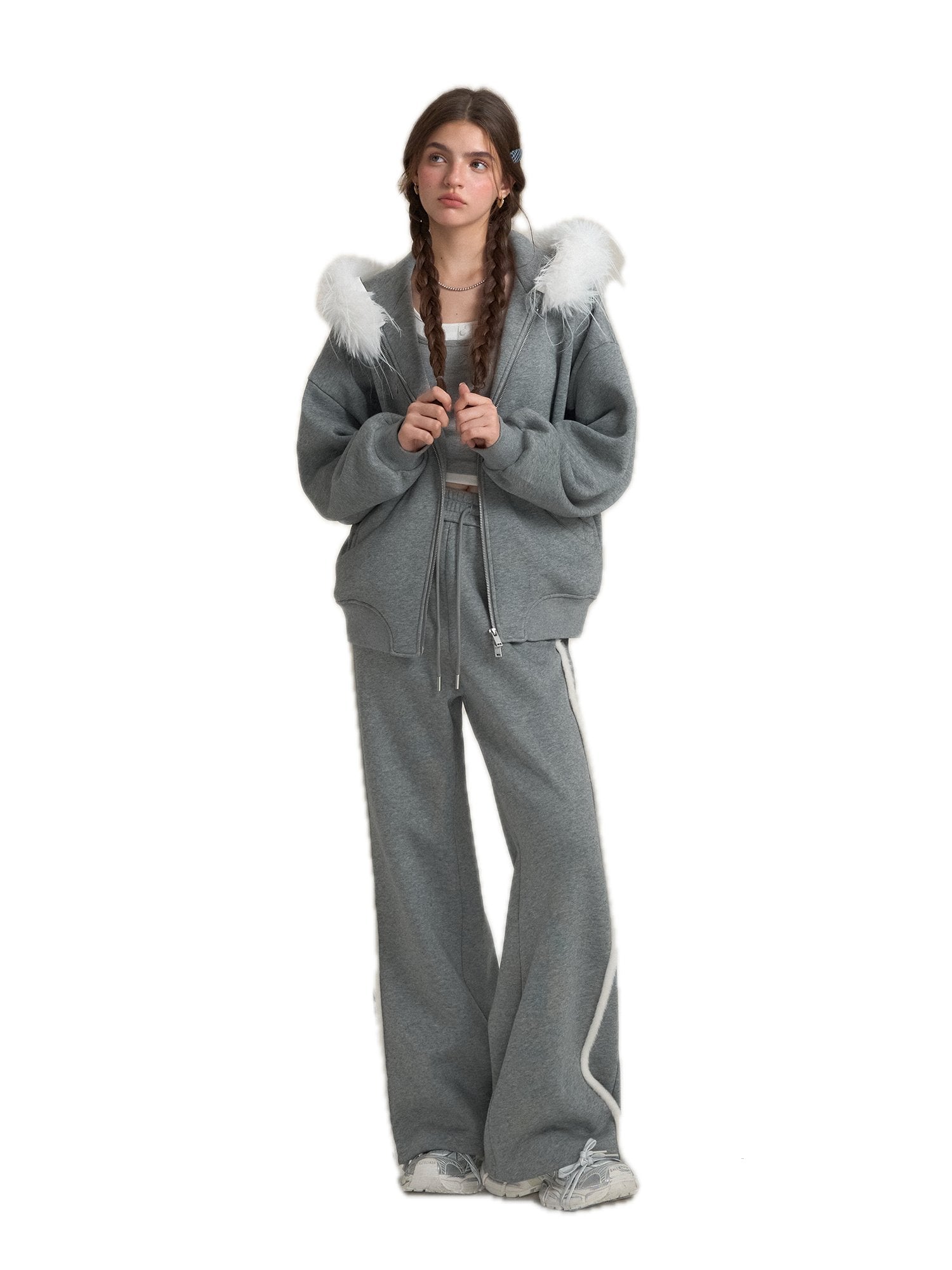 SOMESOWE Hoodie With Detachable Fur Collar In Gray | MADAX