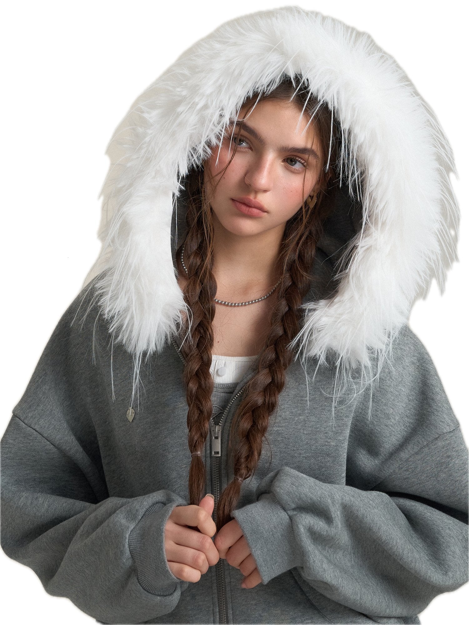 SOMESOWE Hoodie With Detachable Fur Collar In Gray | MADAX