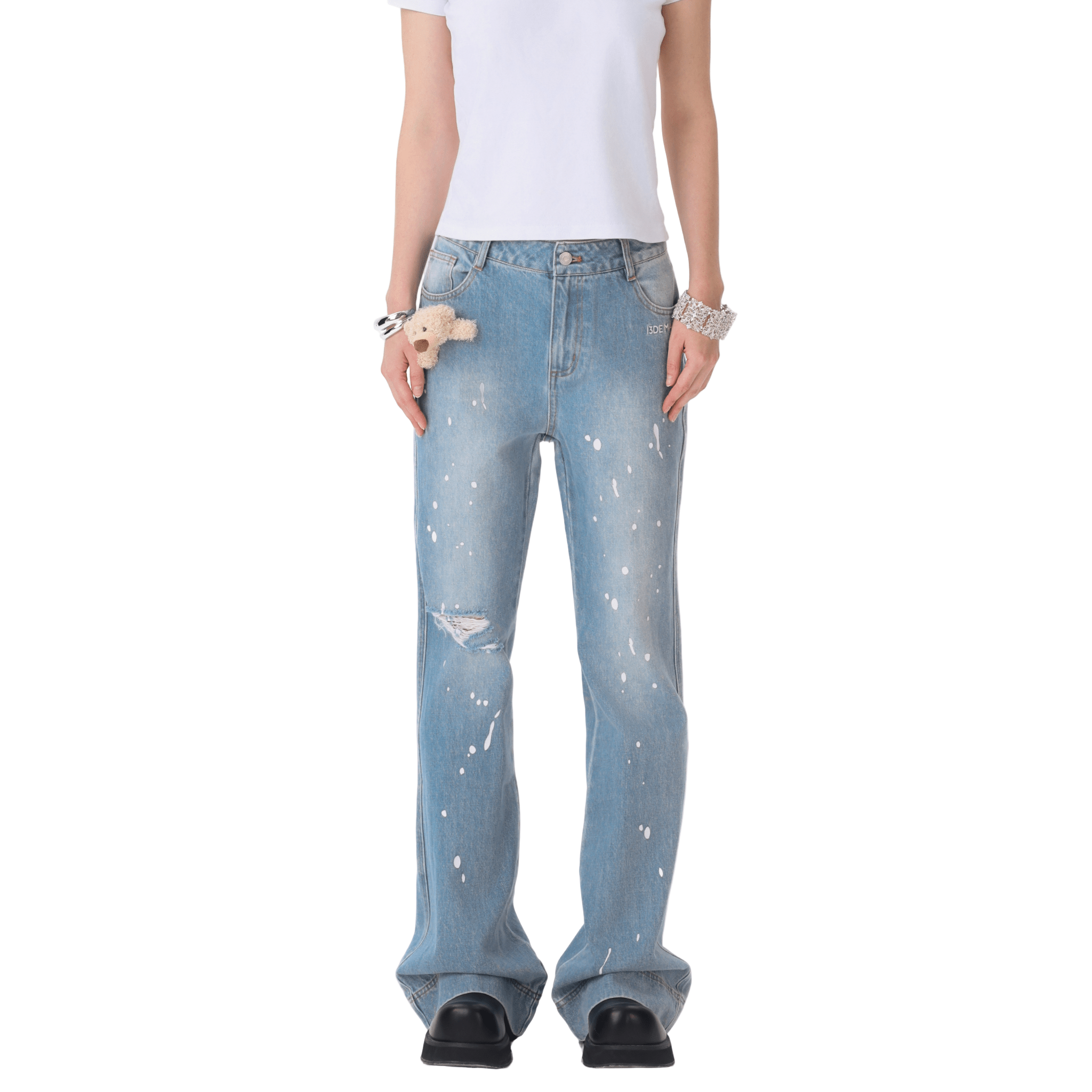 13DE MARZO Ink - splashed Denim Pants in Blue | MADAX