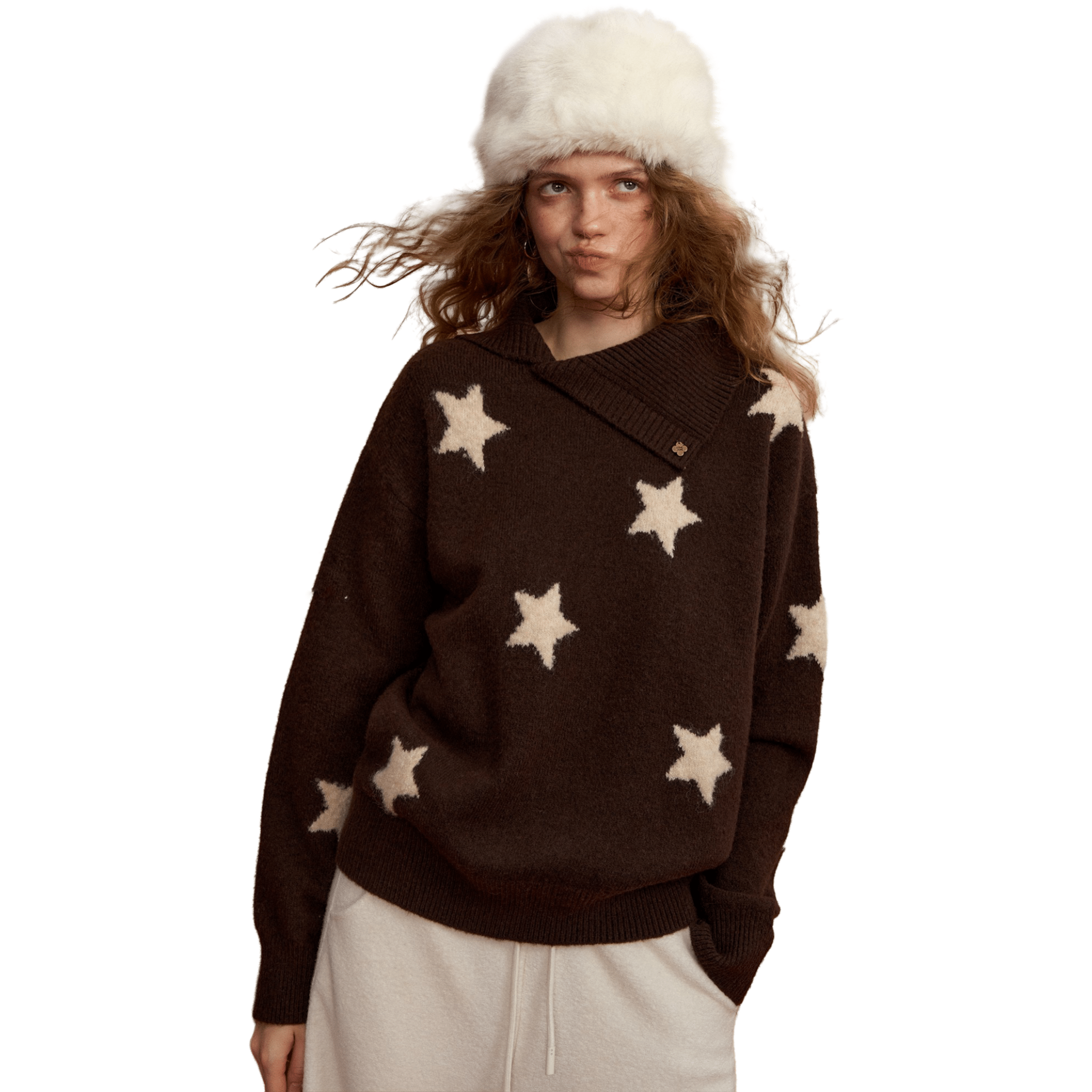 SOMESOWE Irregular Collar Star Sweater in Brown | MADAX