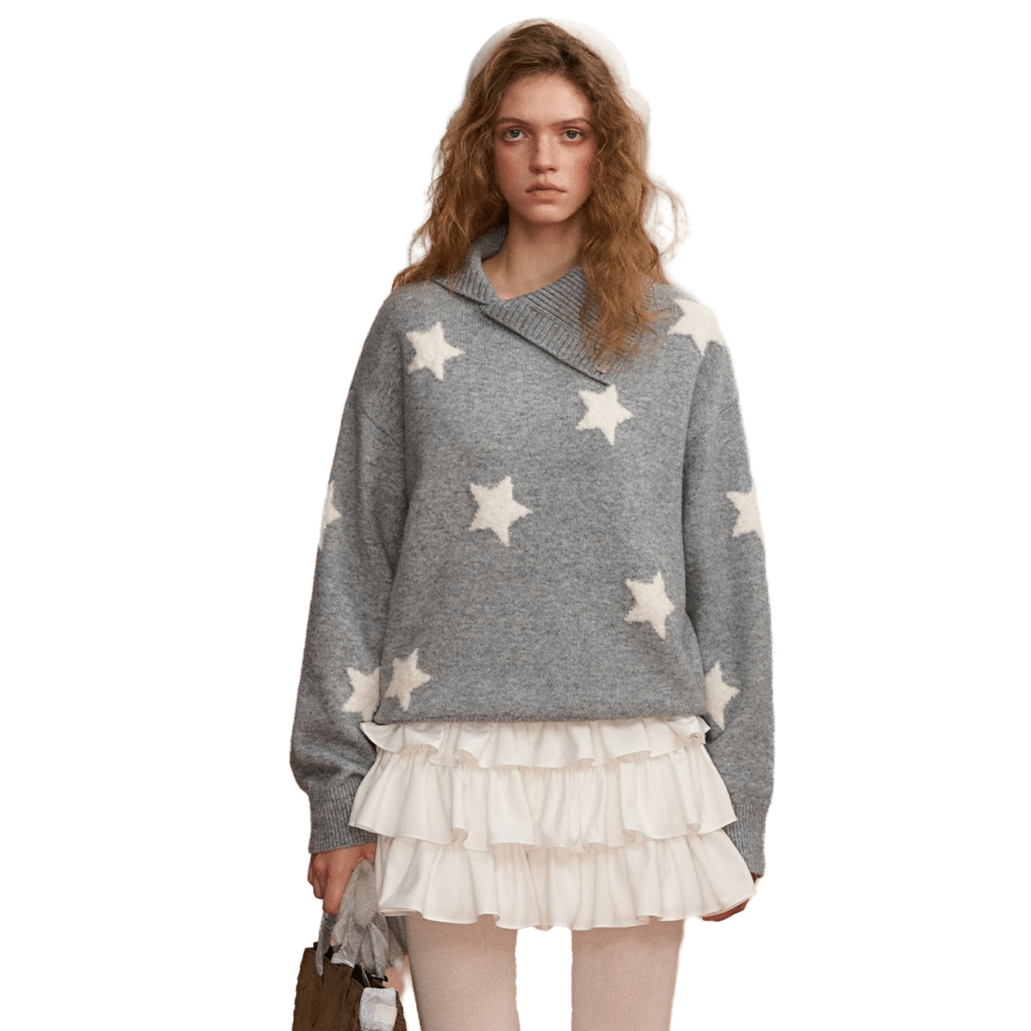 SOMESOWE Irregular Collar Star Sweater in Gray | MADAX