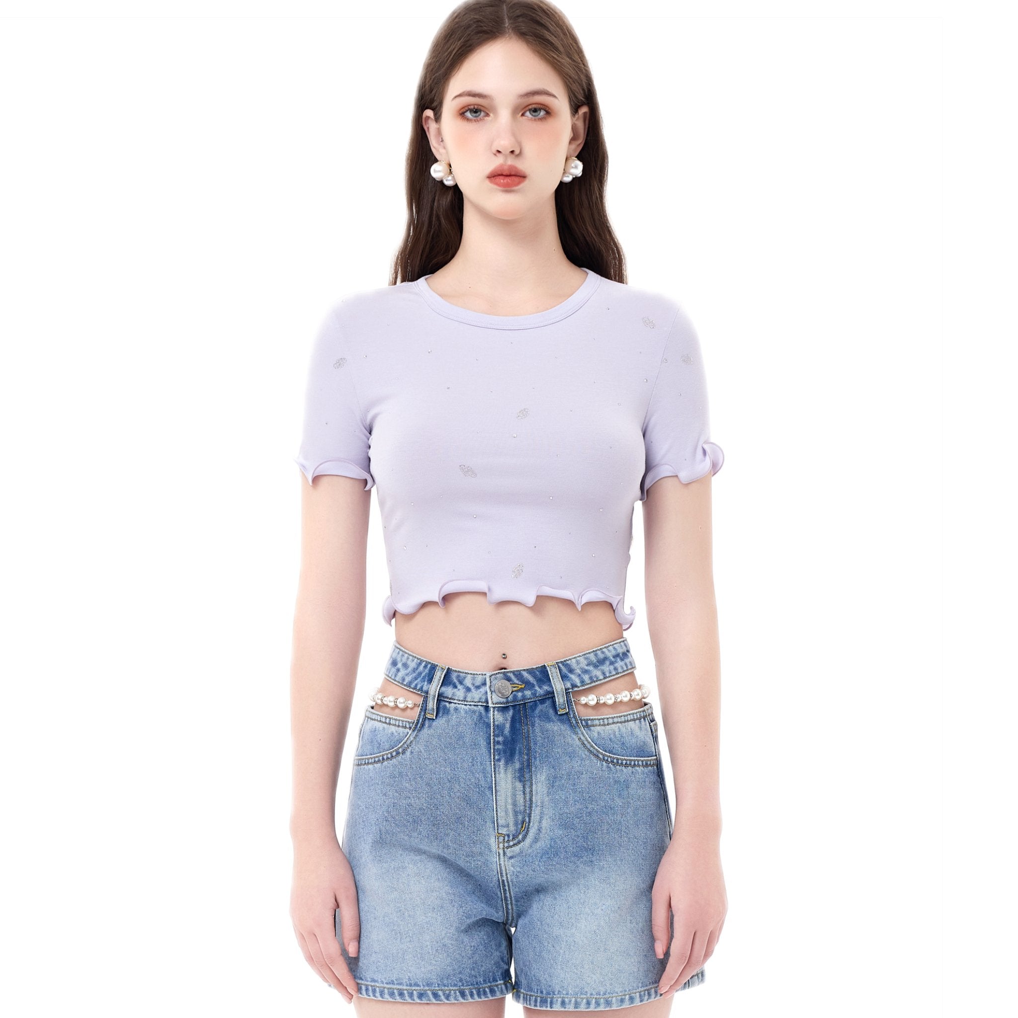 THREE QUARTERS Irregular Logo Rhinestone Short T - Shirt Purple | MADA IN CHINA