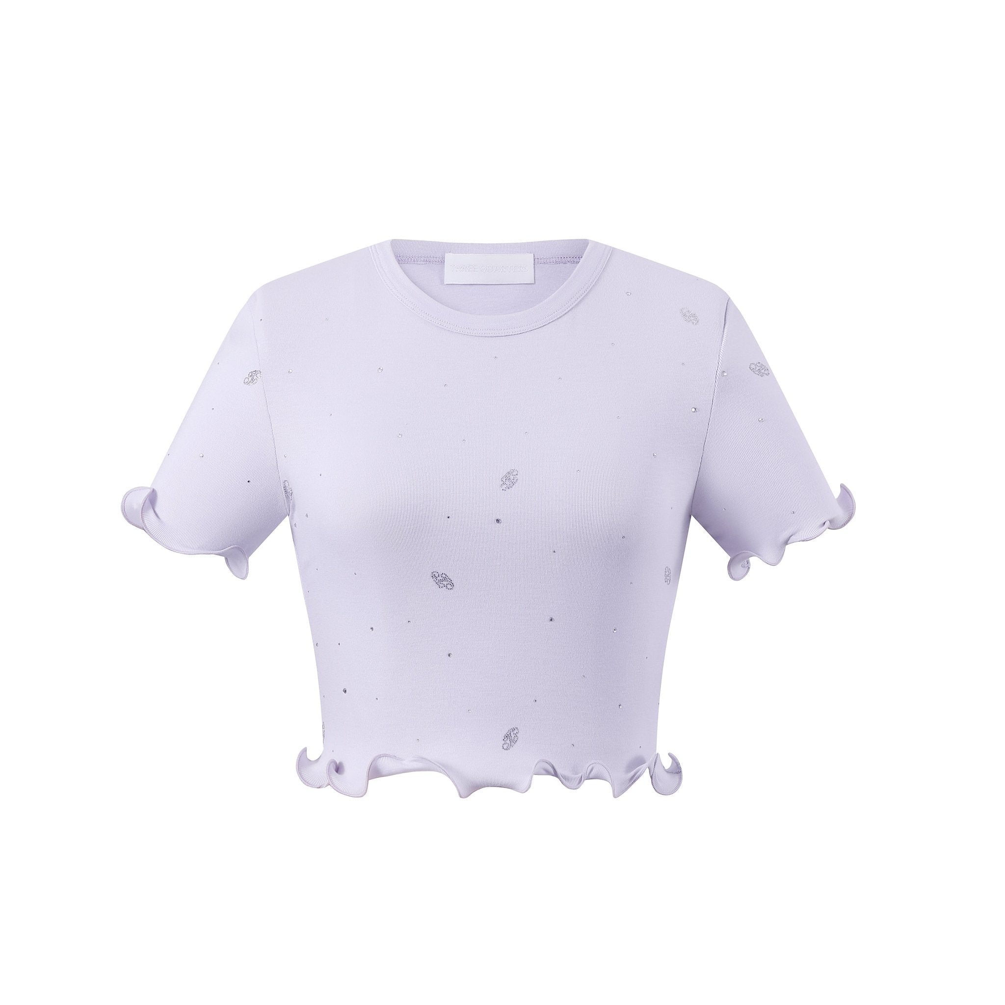 THREE QUARTERS Irregular Logo Rhinestone Short T - Shirt Purple | MADA IN CHINA